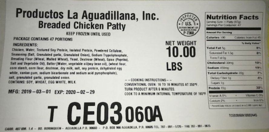 Productos La Aguadillana Breaded Chicken Patty Recalled for Metal Pieces