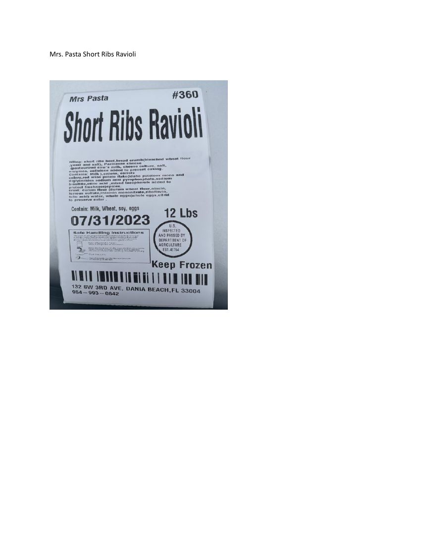 Mrs. Pasta Recalls Frozen Meat Pasta for Lack of Federal Inspection