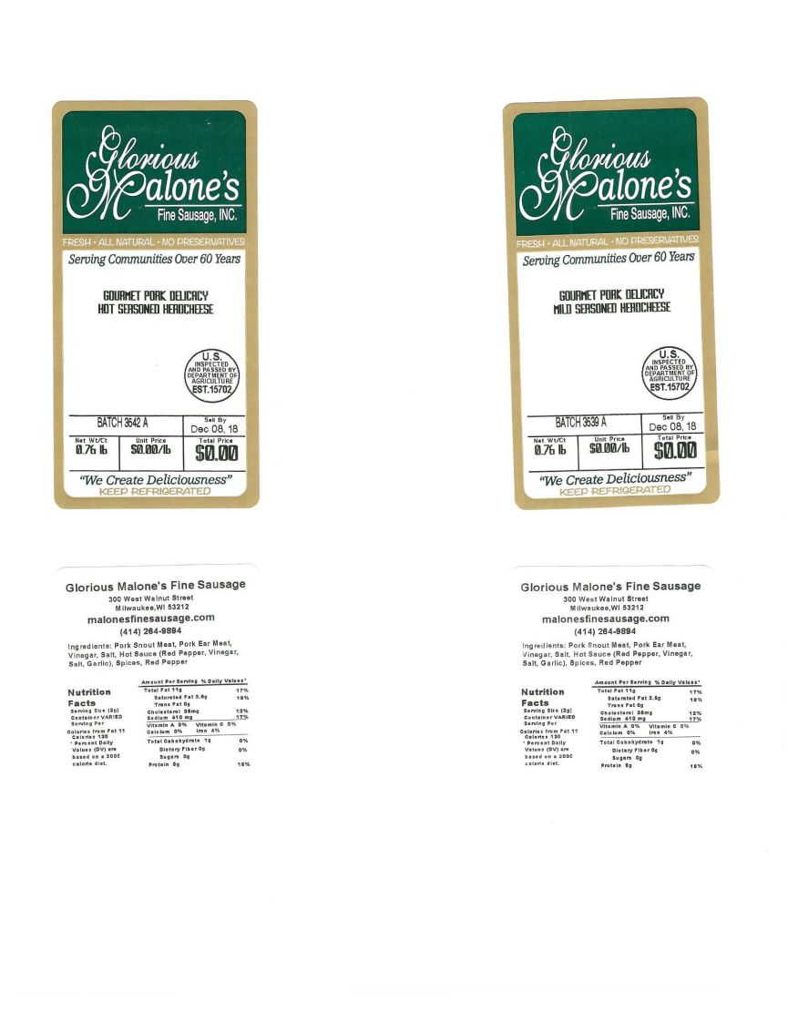 Glorious Malone's Fine Sausage Pork Head Cheese Recalled for Possible Listeria