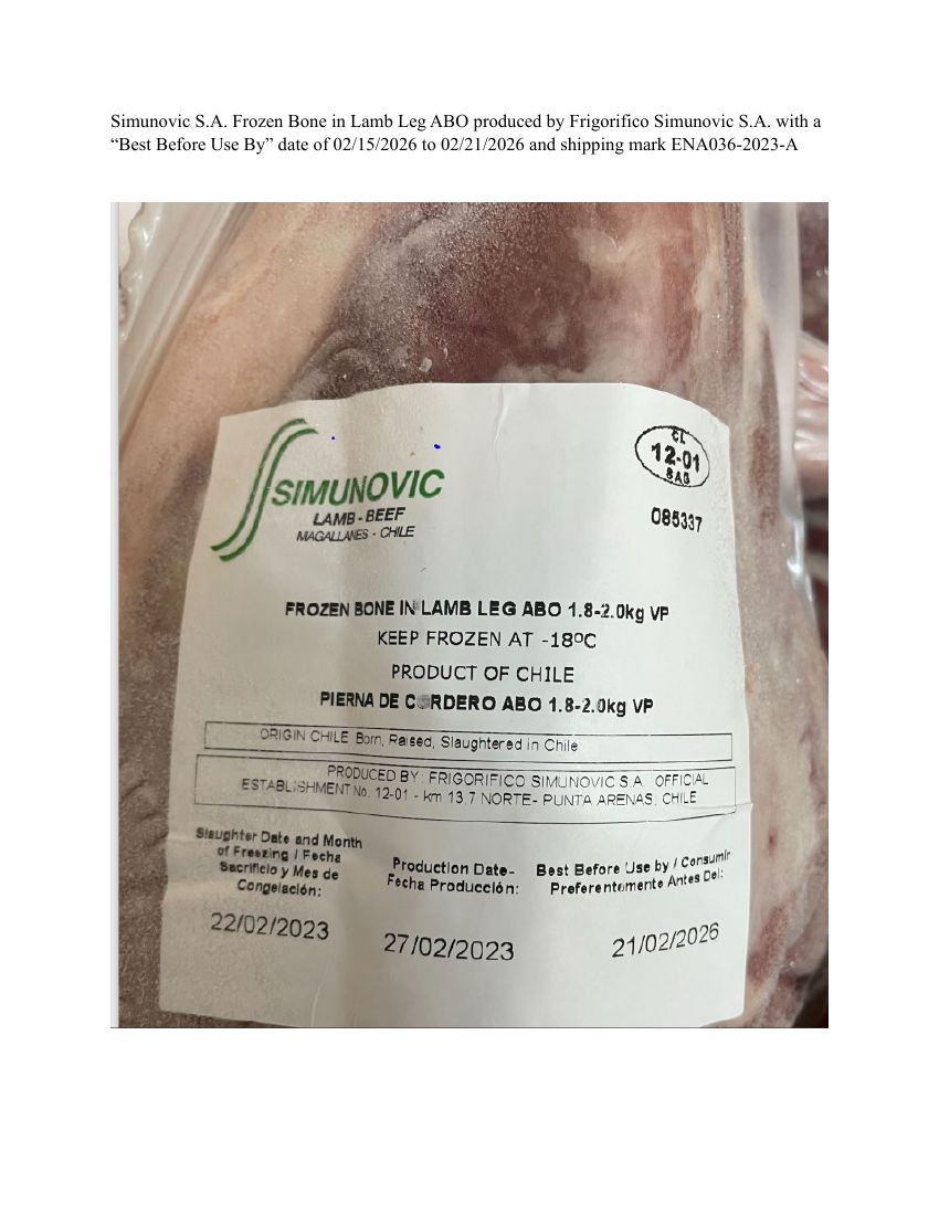 Simunovic S.A. Frozen Lamb Products Recalled for Lack of Inspection