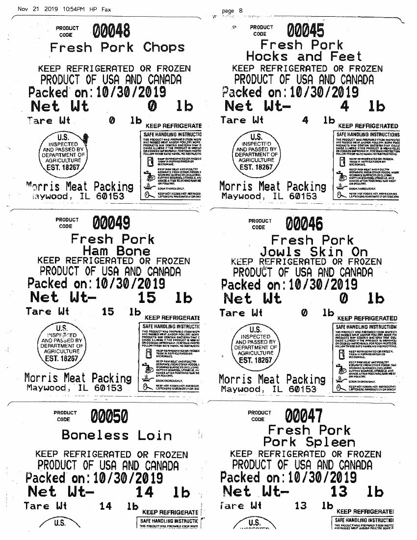 Morris Meat Packing Pork Products Recalled for Lack of Inspection