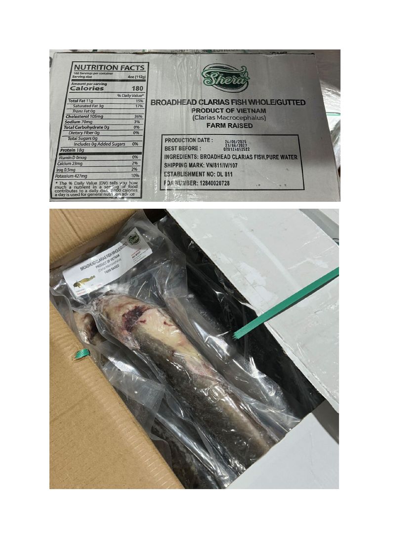 Shera Broadhead Clarias Fish Products Recalled for Import Violation