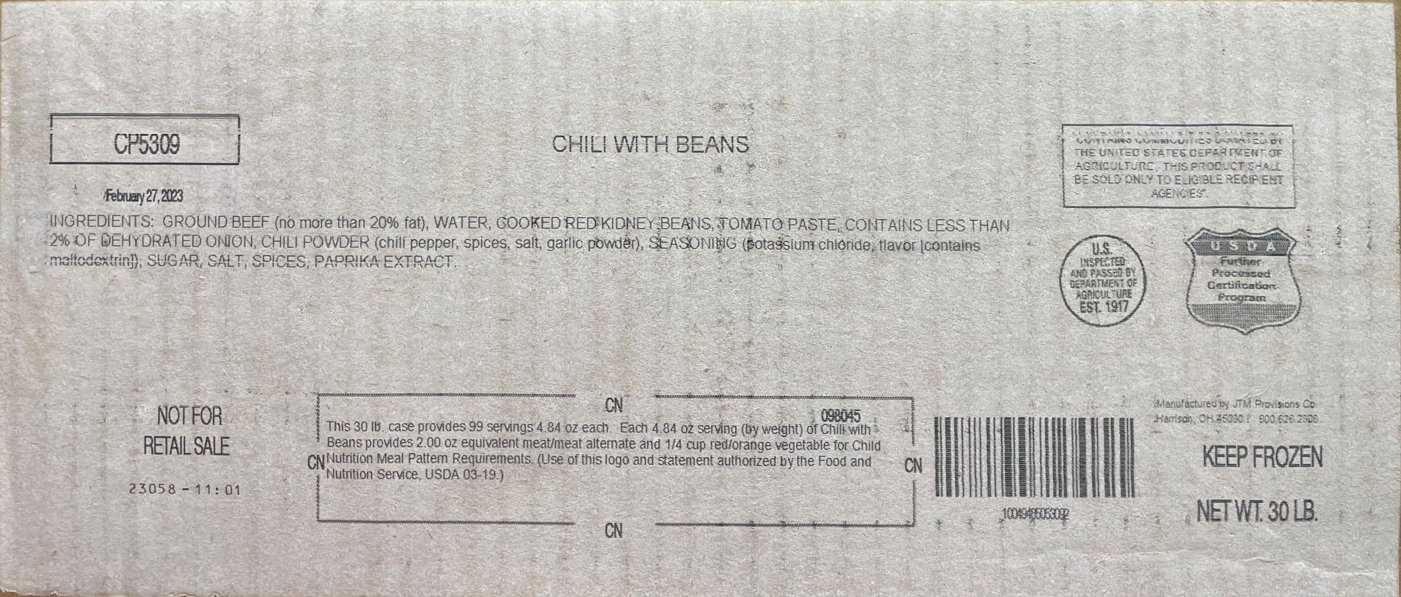 J.T.M. Provisions Frozen Beef Chili Recalled for White Plastic Contamination
