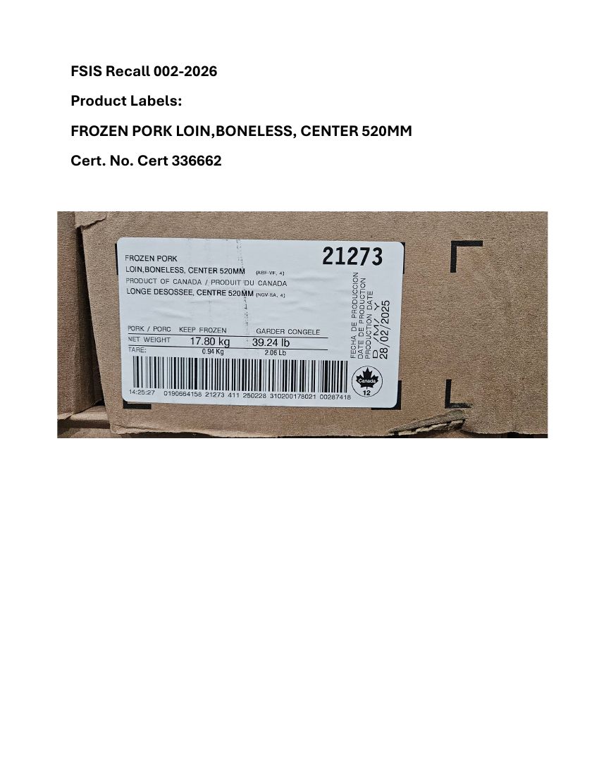 Frozen Raw Pork Boneless Loins Recalled for Import Reinspection Violation