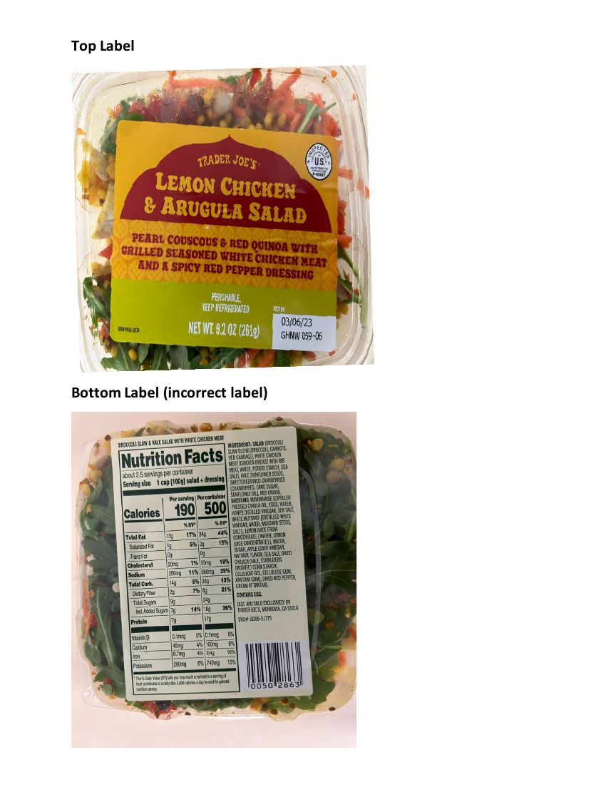 Trader Joe’s Lemon Chicken & Arugula Salad Recalled for Undeclared Wheat