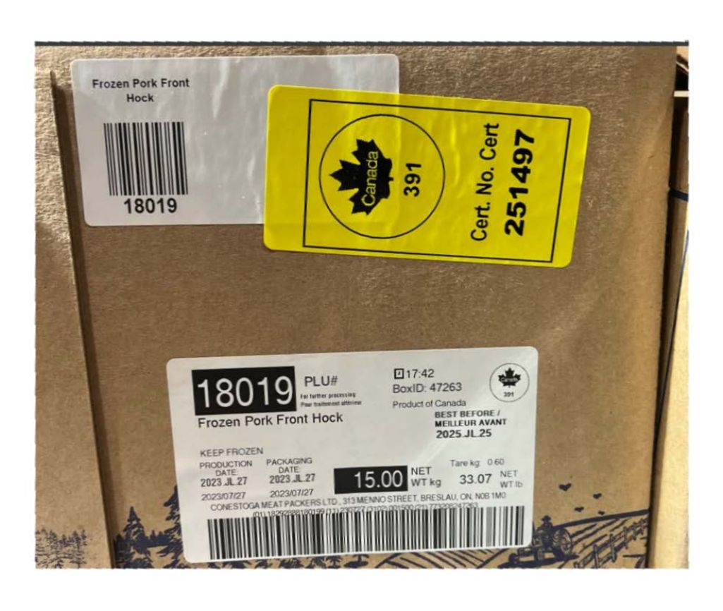 Frozen Pork Front Hock Recalled for Import Reinspection Violation