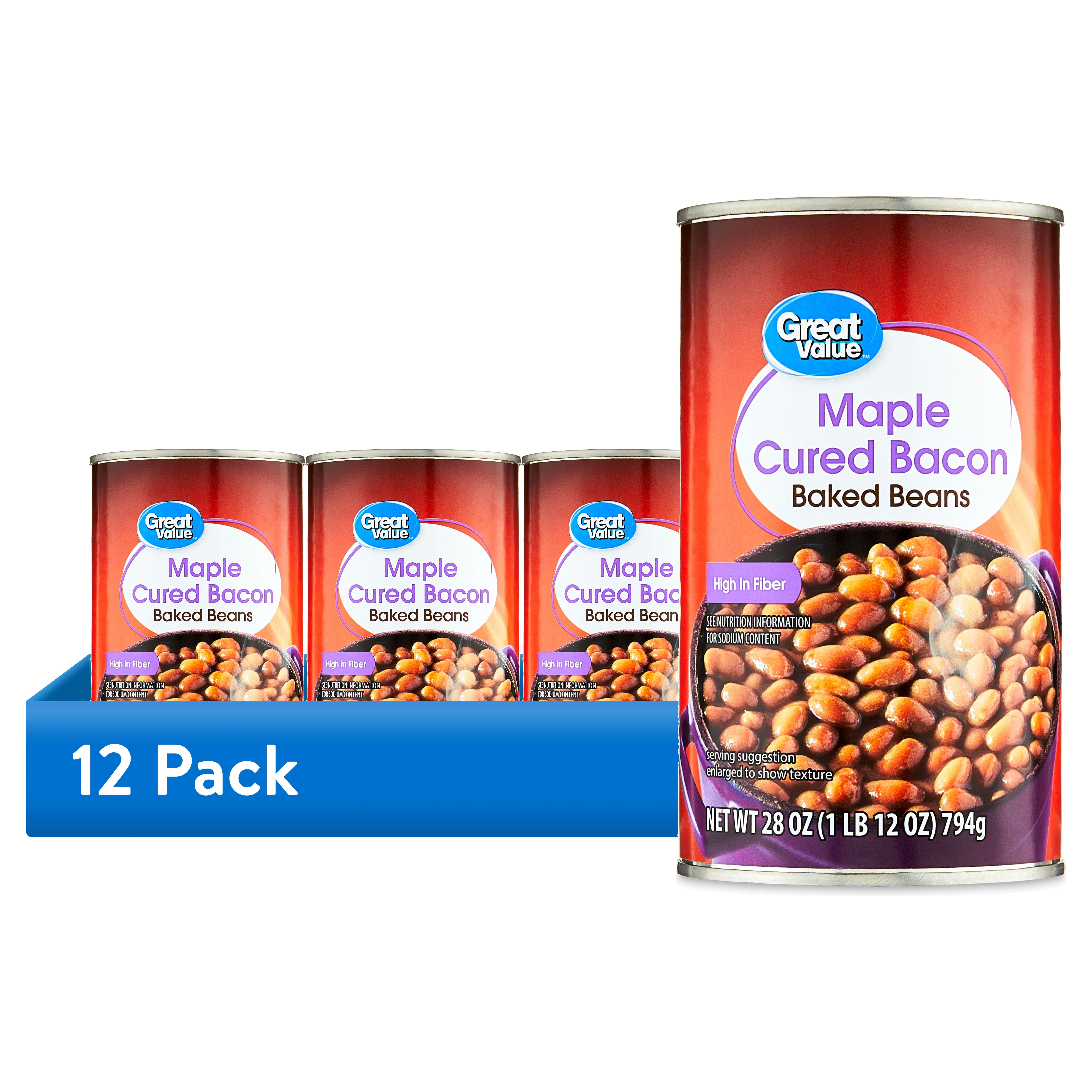 (12 pack) Great Value Maple Cured Bacon Baked Beans, 28 oz