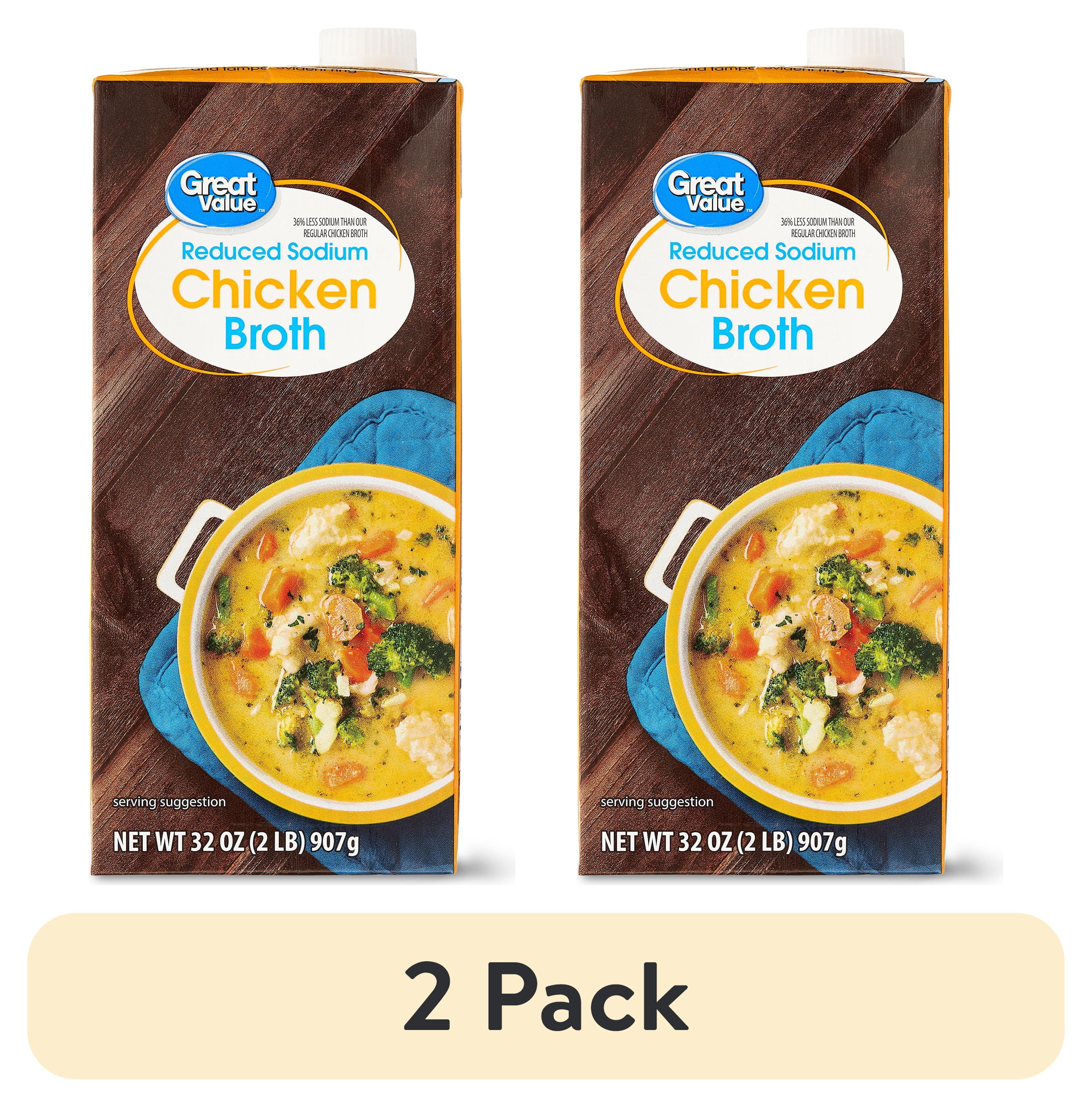 (2 pack) Great Value Reduced Sodium Chicken Broth, 32 oz Carton, Shelf-Stable/Ambient, Gluten-Free