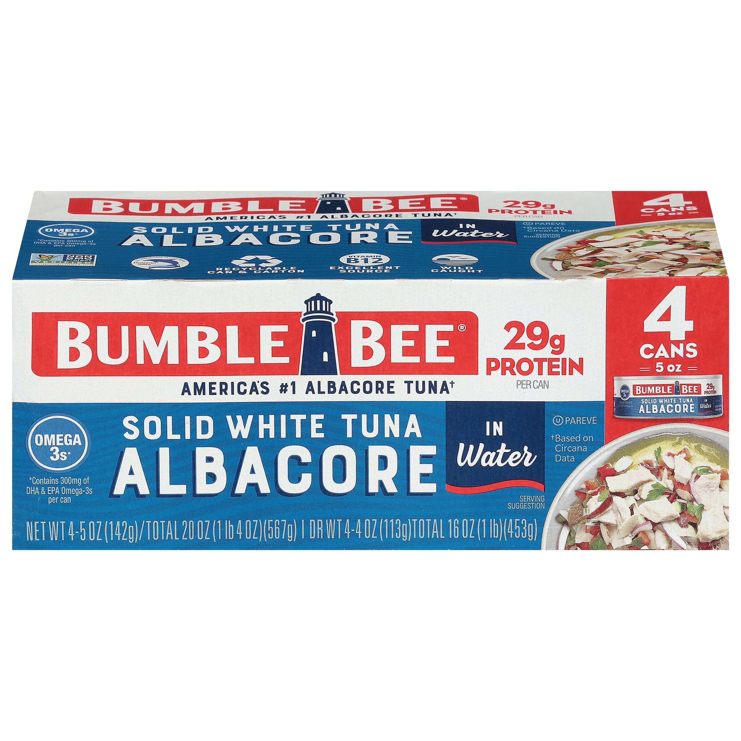 (4 Cans) Bumble Bee Solid White Albacore Tuna in Water, 5 oz