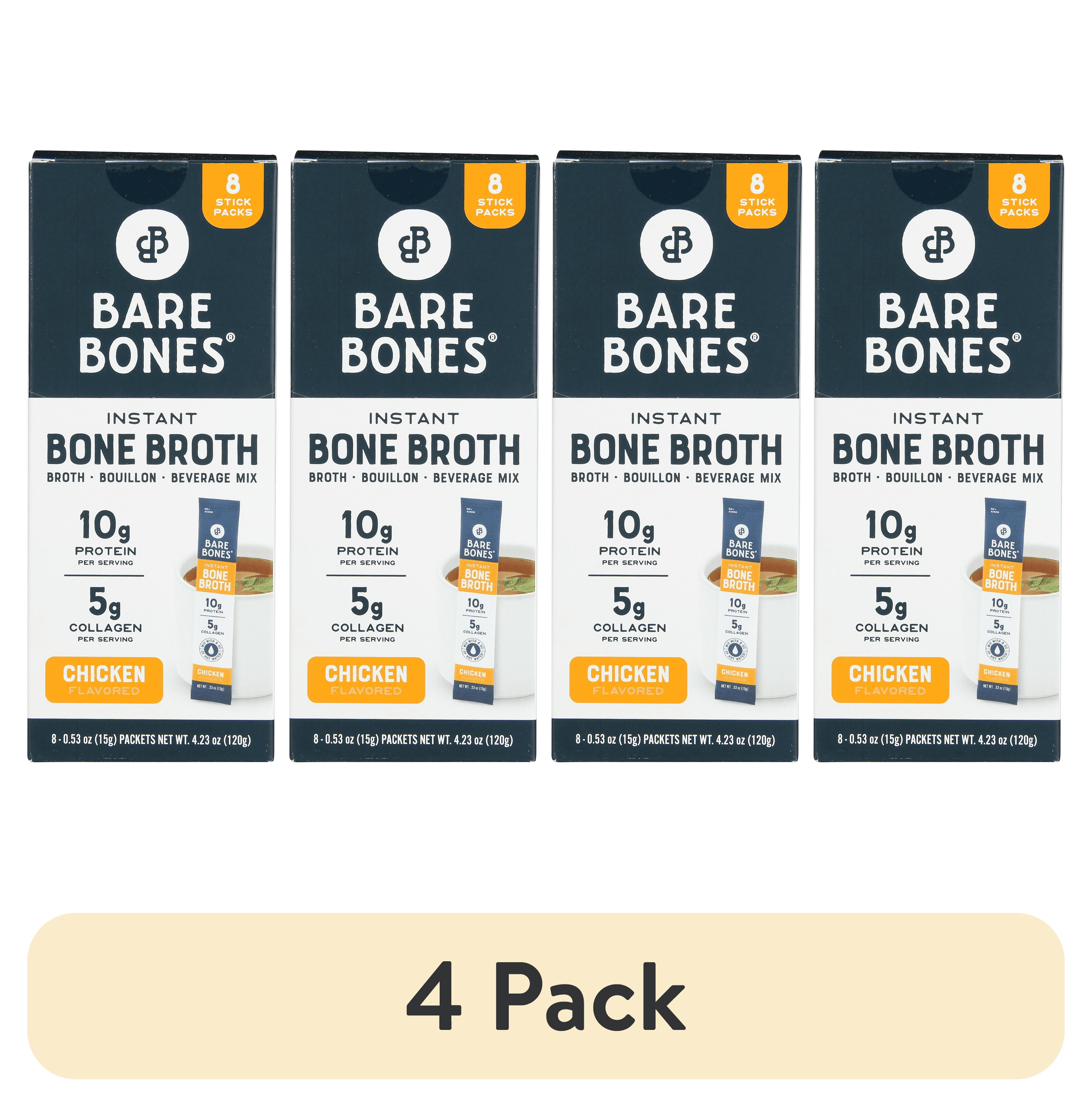 (4 pack) Bare Bones Instant Chicken Bone Broth Sticks, 10G Protein, 4.23 oz, 8 Count