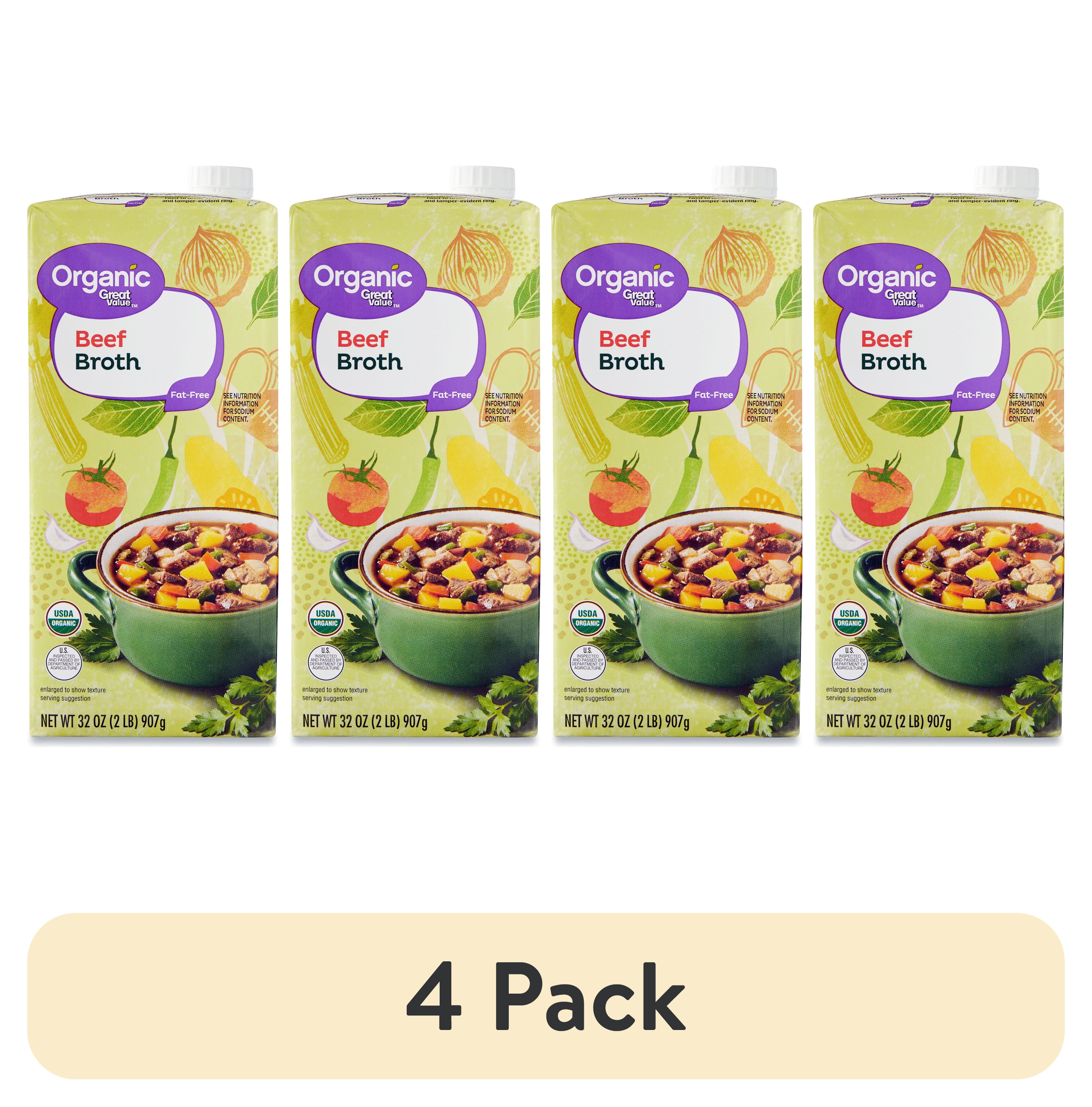 (4 pack) Great Value Organic Beef Broth, 32 oz Carton, Shelf-Stable/Ambient, Gluten-Free