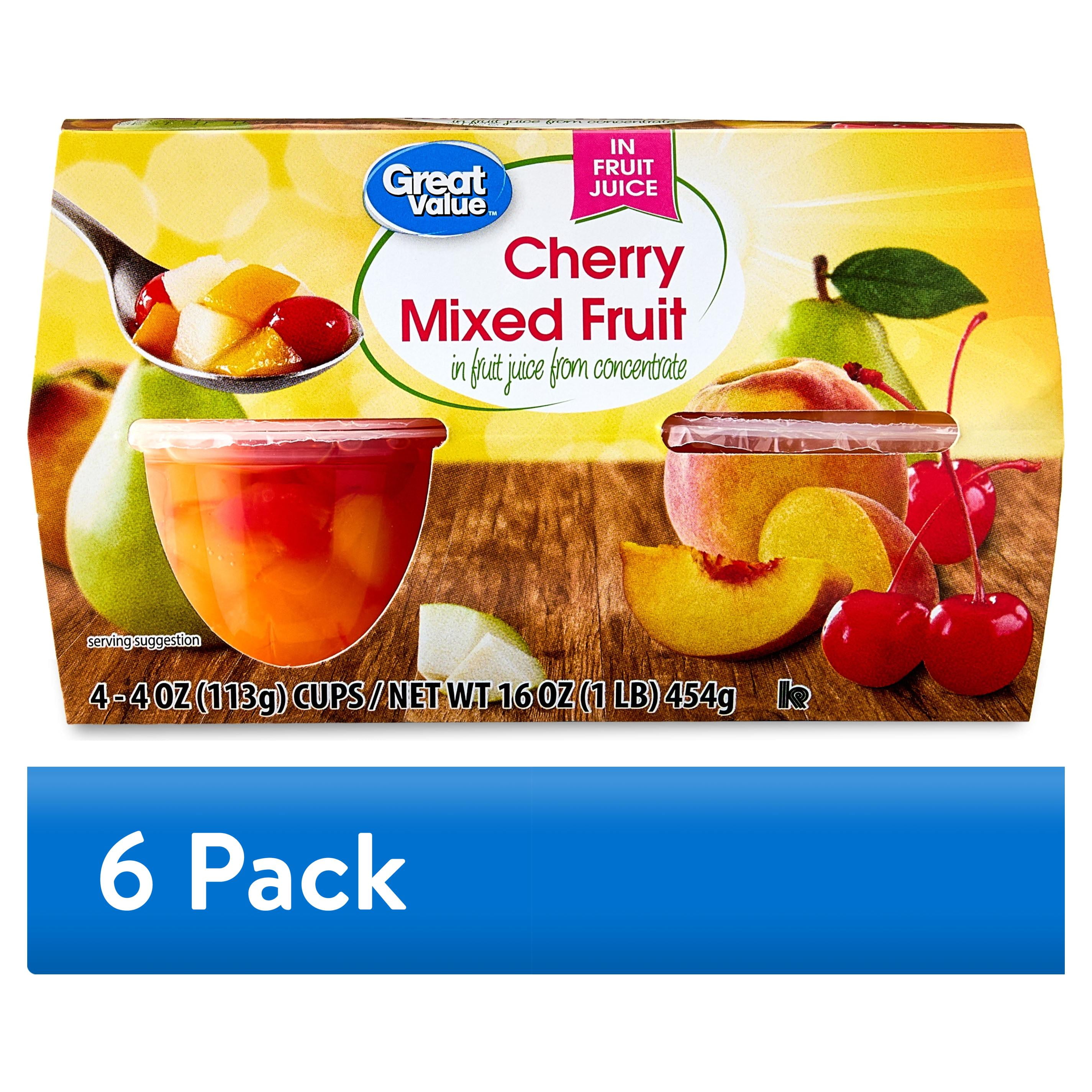 (6 pack) Great Value Cherry Mixed Fruit in 100% Juice, 4 oz, 4 Ct