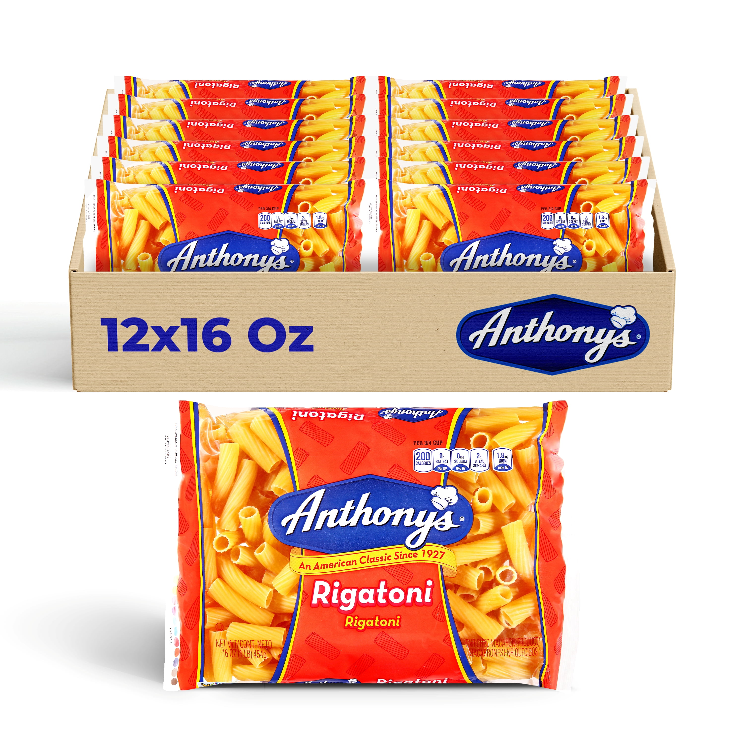 Anthonys Rigatoni Pasta, 12-Pack (16 oz Each)  Rigatoni Pasta for Classic Italian-inspired dishes