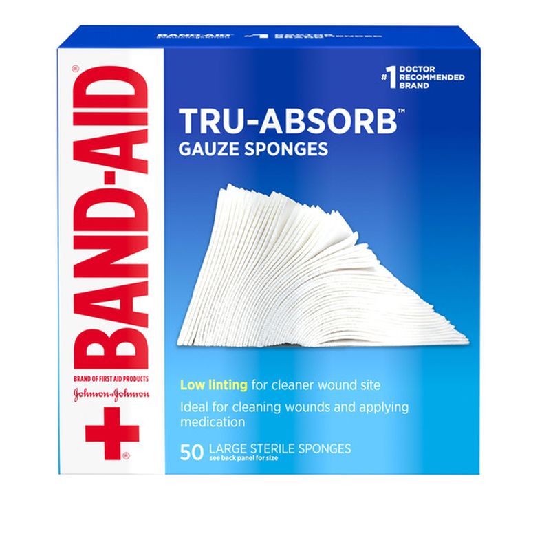 BAND-AID Band Aid Brand First Aid Products Tru-Absorb Sterile Gauze Sponges for Cleaning and Cushioning Minor Wounds, Cuts & Burns, Low-Lint Design, Individually Wrapped 4 in by 4 in Pads