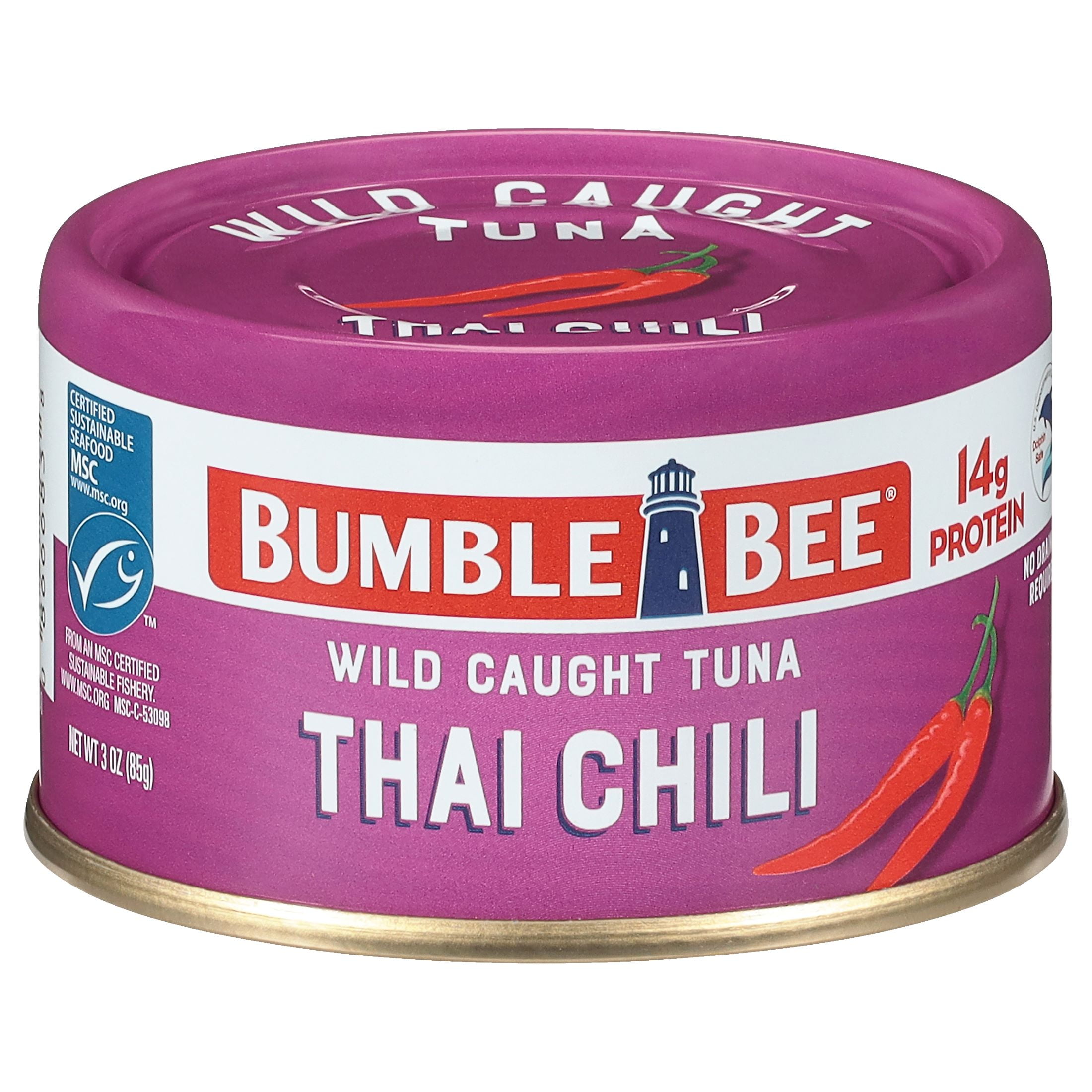 Bumble Bee Thai Chili Flavored Light Tuna, Wild Caught, Gluten Free, 14g Protein per Serving, Ready to Eat, No Draining, Shelf Stable Pull Tab Can, 3 oz