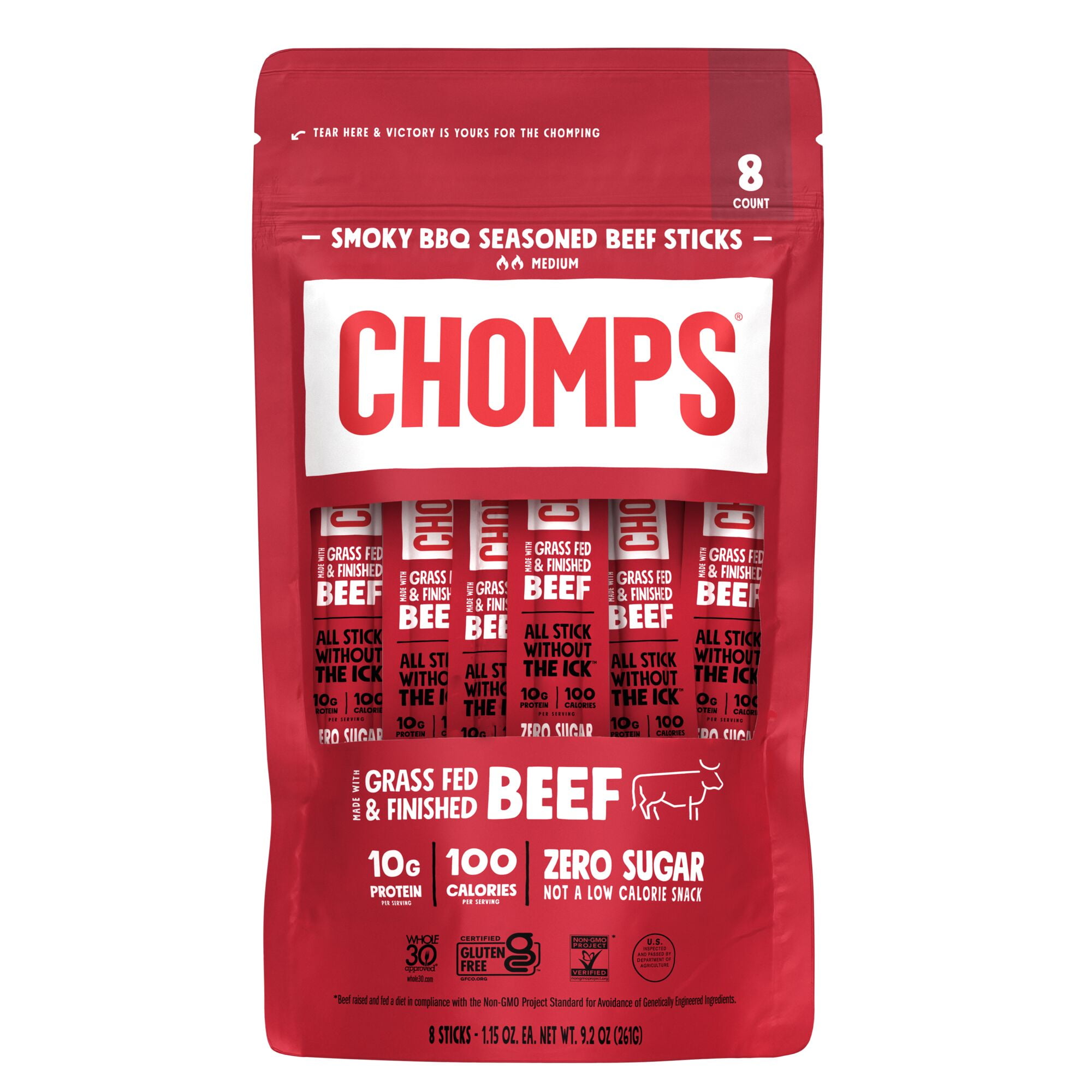Chomps Grass-Fed and Finished Smoky BBQ Beef Jerky Snack Stick (8 Count)