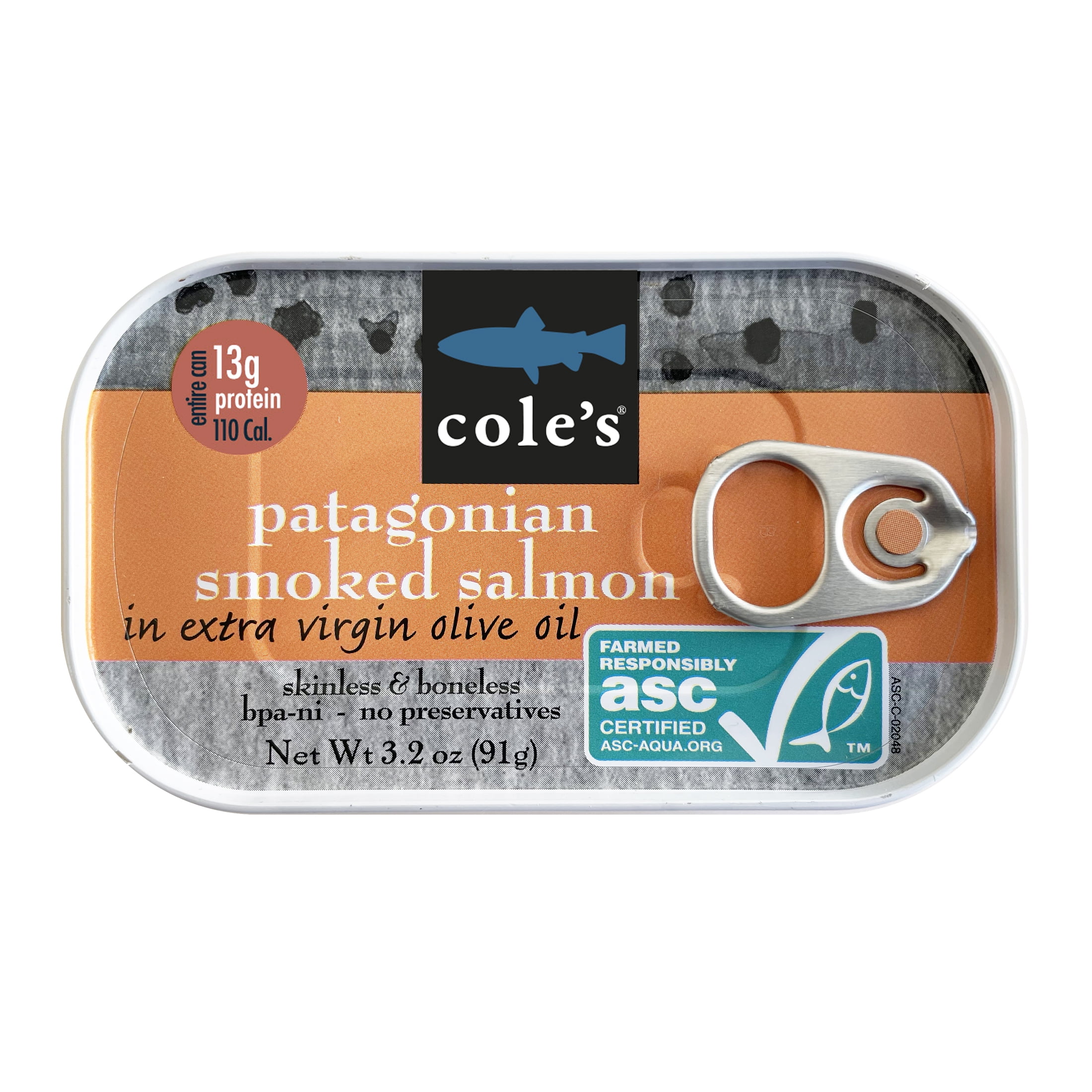 Coles Patagonian Smoked Salmon in Extra Virgin Olive Oil 3.2 oz Fish Fillet, High Protein, Canned, Skinless, Boneless, Gluten-Free