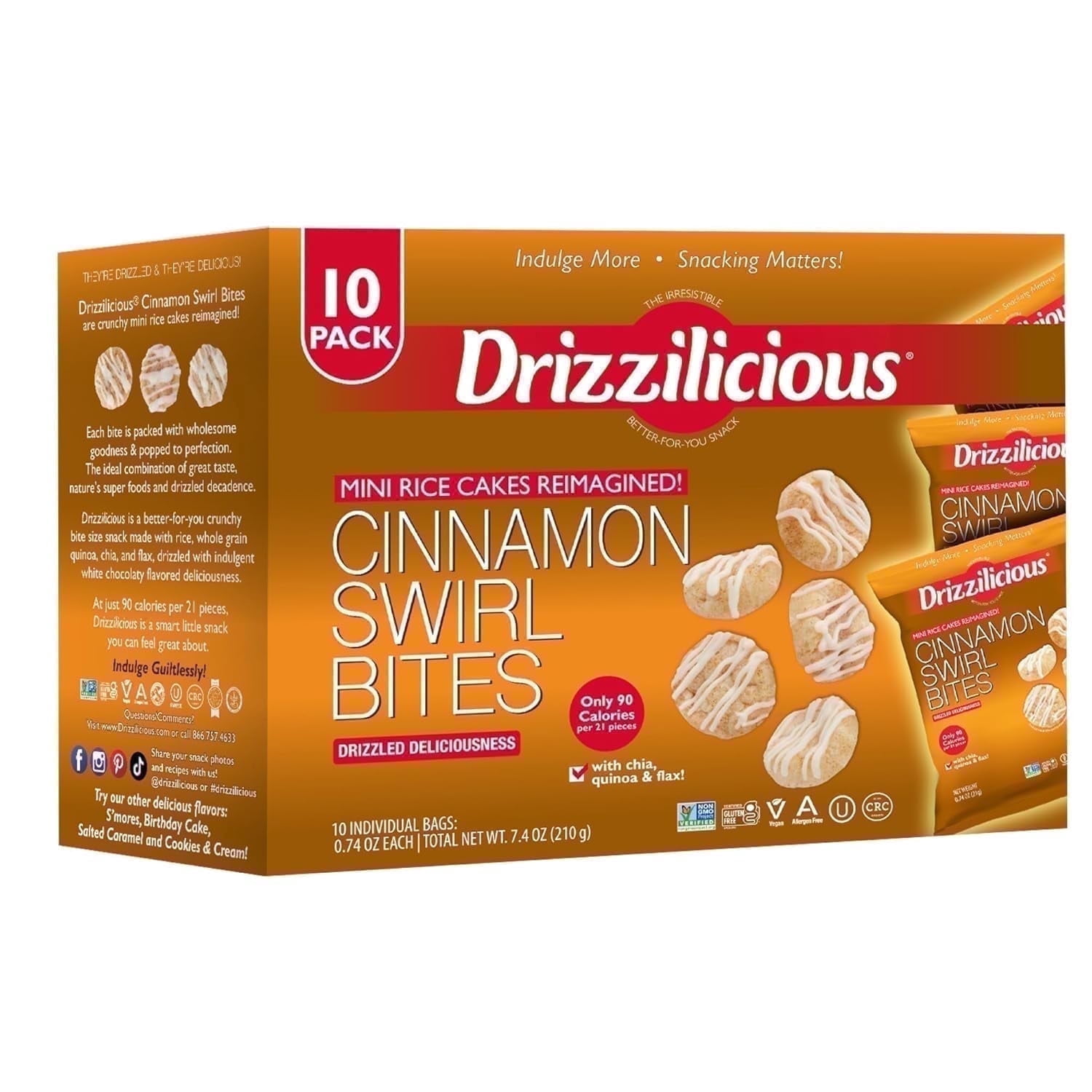 Drizzilicious Mini Rice Cakes, Cinnamon Swirl Flavored Rice Cake Gluten Free Snacks, Rice Crisps 10-Pack