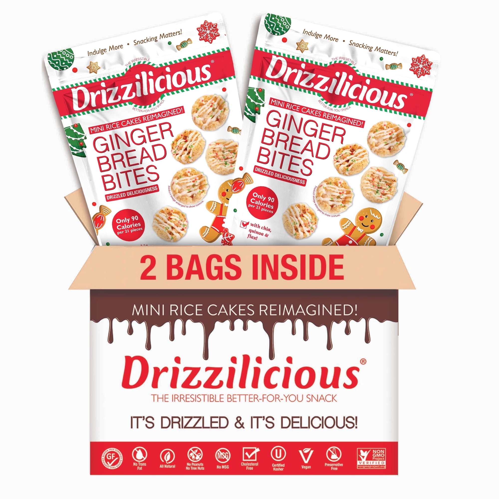 Drizzilicious Mini Rice Cakes, Gingerbread Christmas Candy Rice Cake Gluten Free Snacks, Rice Crisps 2-Pack