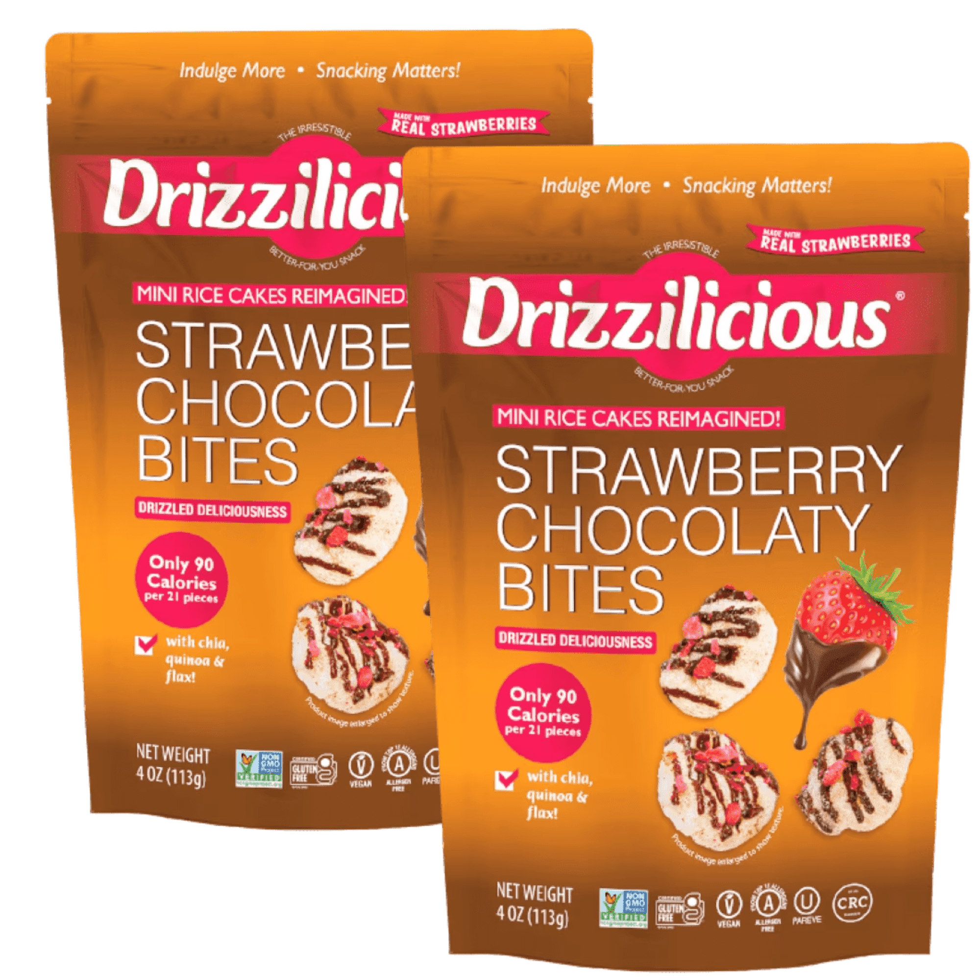 Drizzilicious Mini Rice Cakes, Strawberry Chocolaty Bites Gluten Free Snacks, Rice Crisps 2-Pack