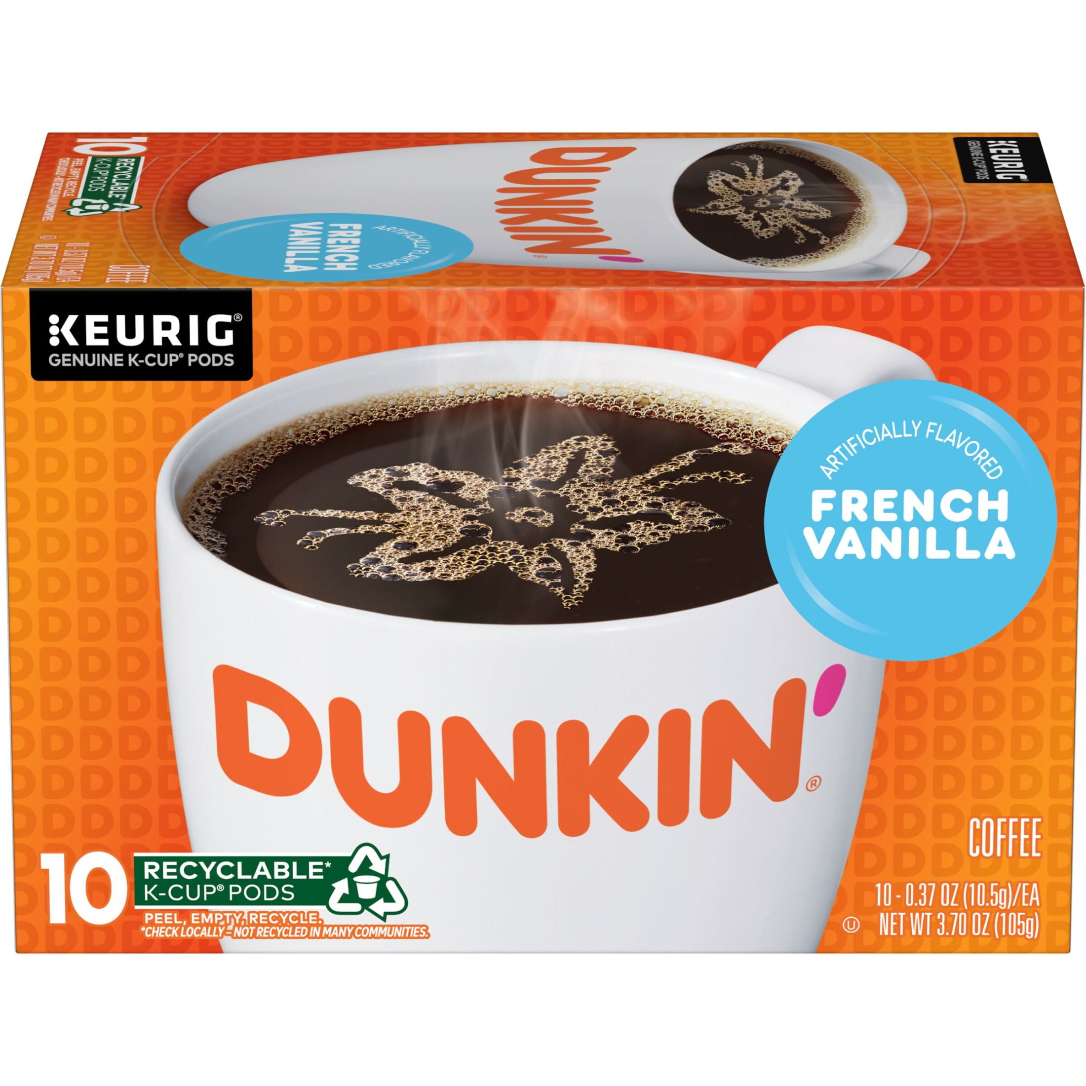 Dunkin French Vanilla Artificially Flavored Coffee, Keurig K Cup Pods, 10 Count Box