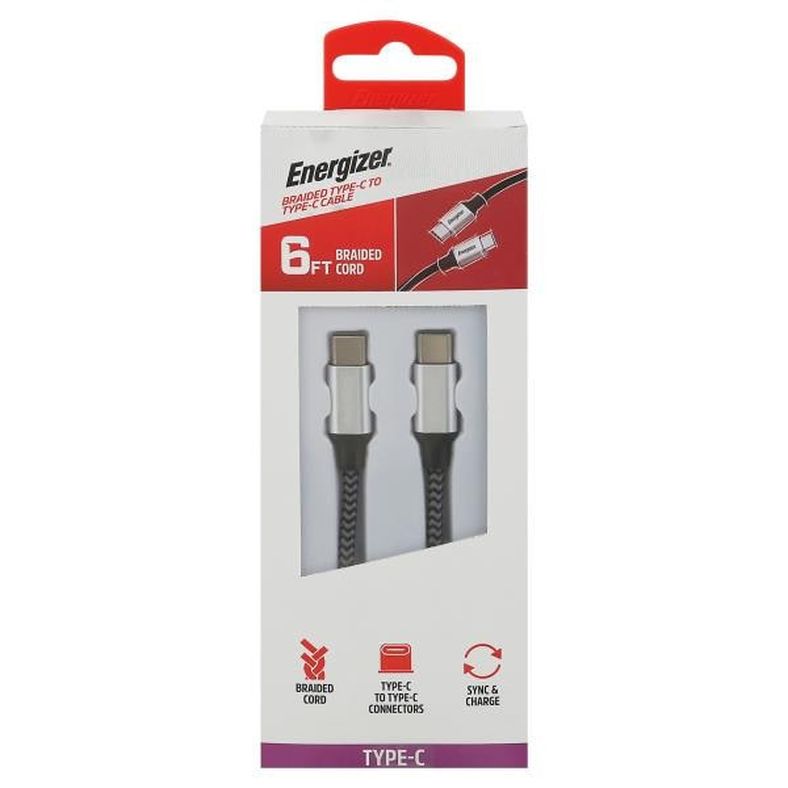 Energizer Cable, Type-C to Type-C, Nylon Braided, 6 Feet