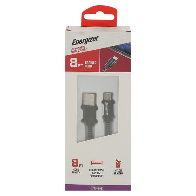 Energizer USB Cable, Type-C, Braided Cord, 8 FT