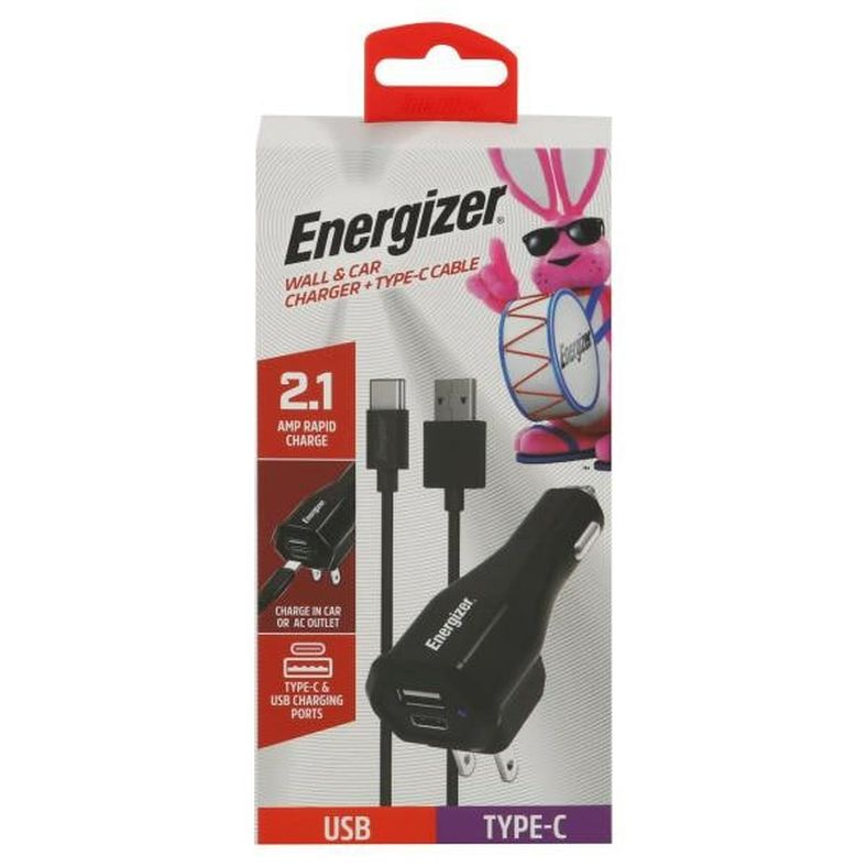 Energizer Wall & Car Charger + Type-C Cable, 2.1 Amp