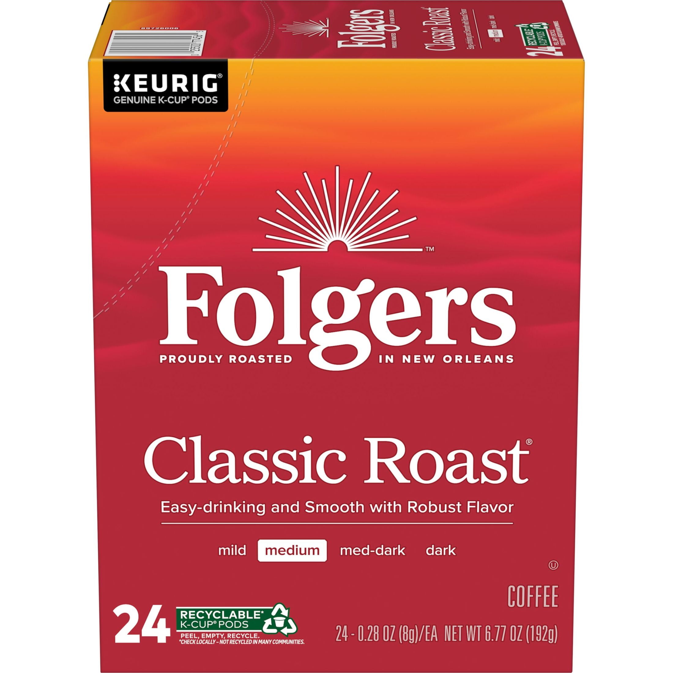 Folgers Classic Roast, Medium Roast Coffee, Keurig K Cup Pods, 24 Count Box