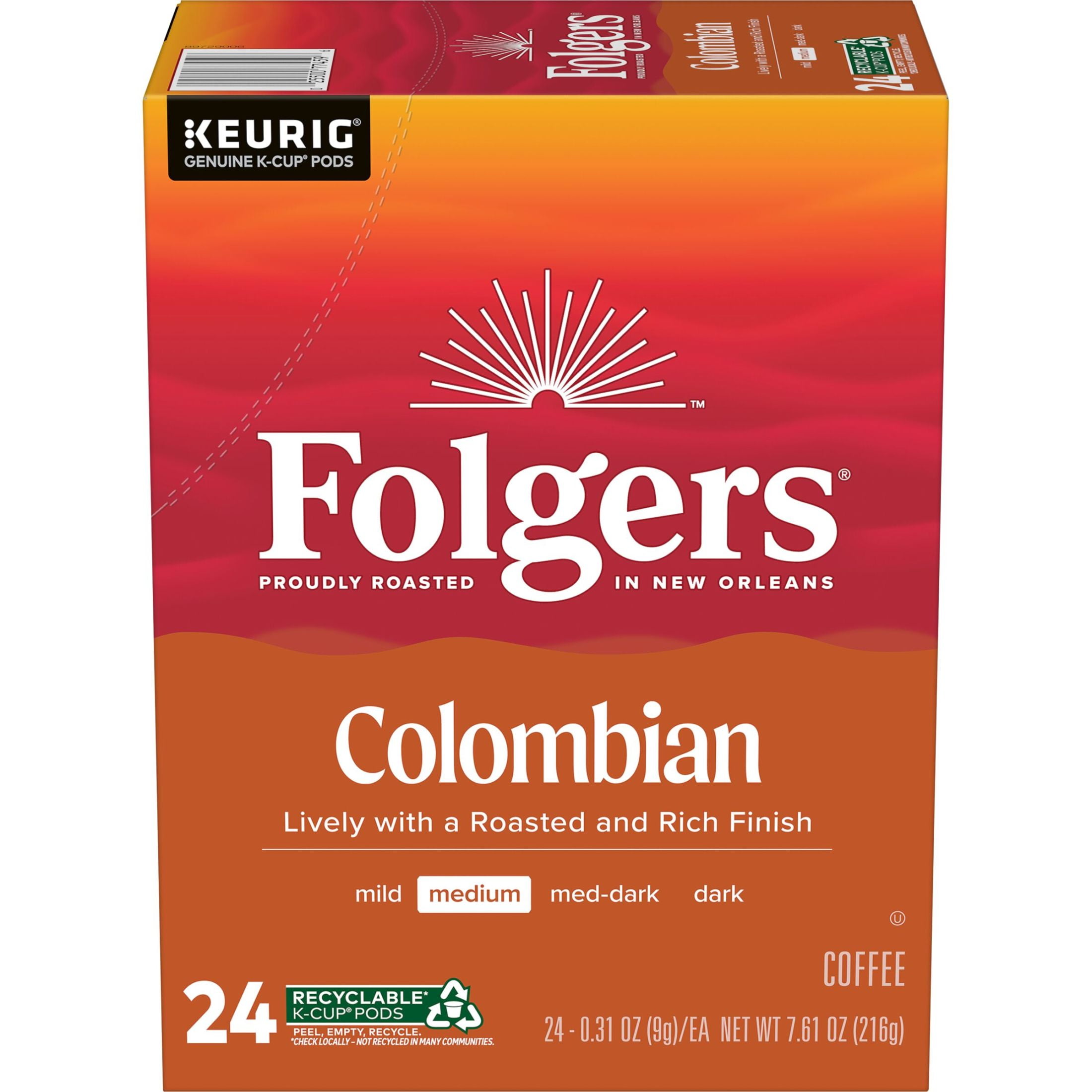 Folgers Colombian Coffee, Medium Roast, Keurig K Cup Brewers, 24 Count Box
