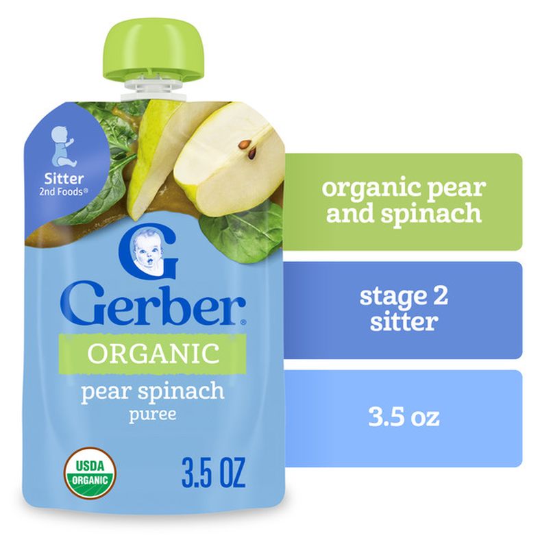 Gerber Stage 2 Baby Food Organic Pear Spinach Puree Pouch