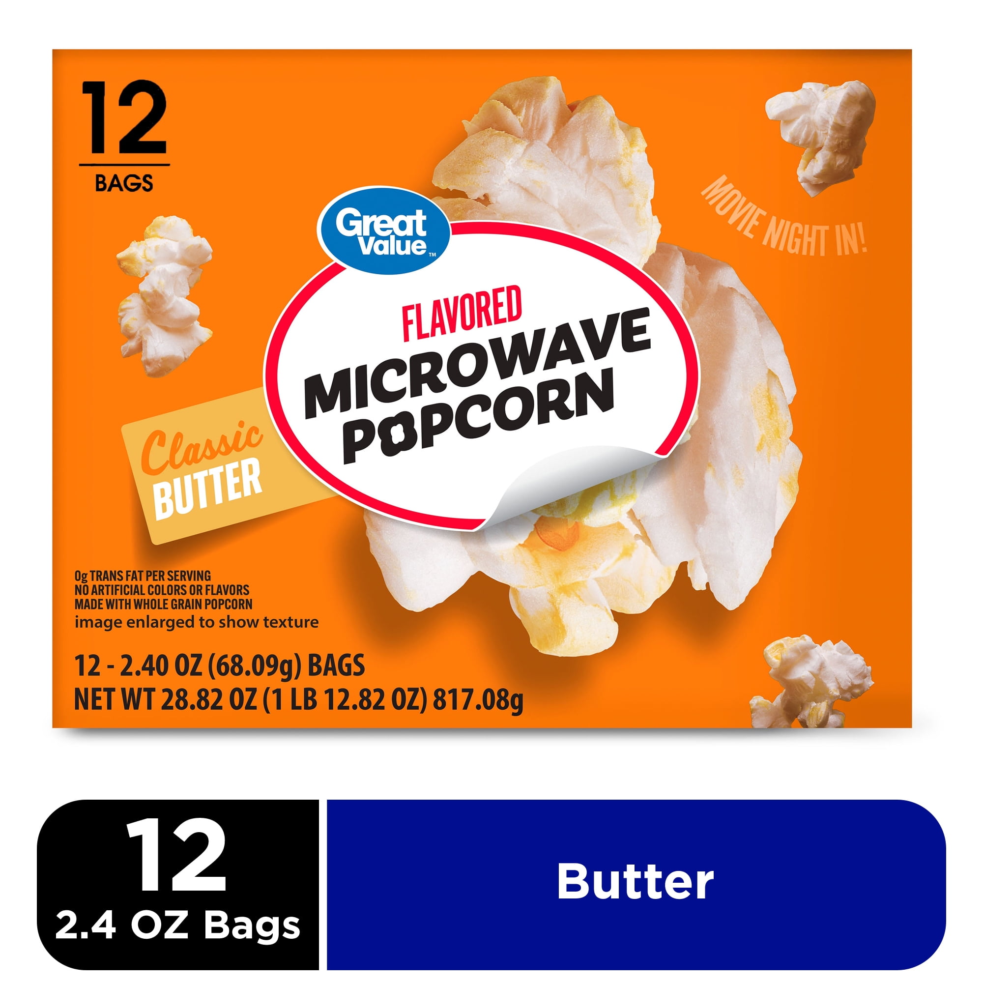 Great Value Classic Butter Flavored Microwave Popcorn, 2.4 oz, 12 Count