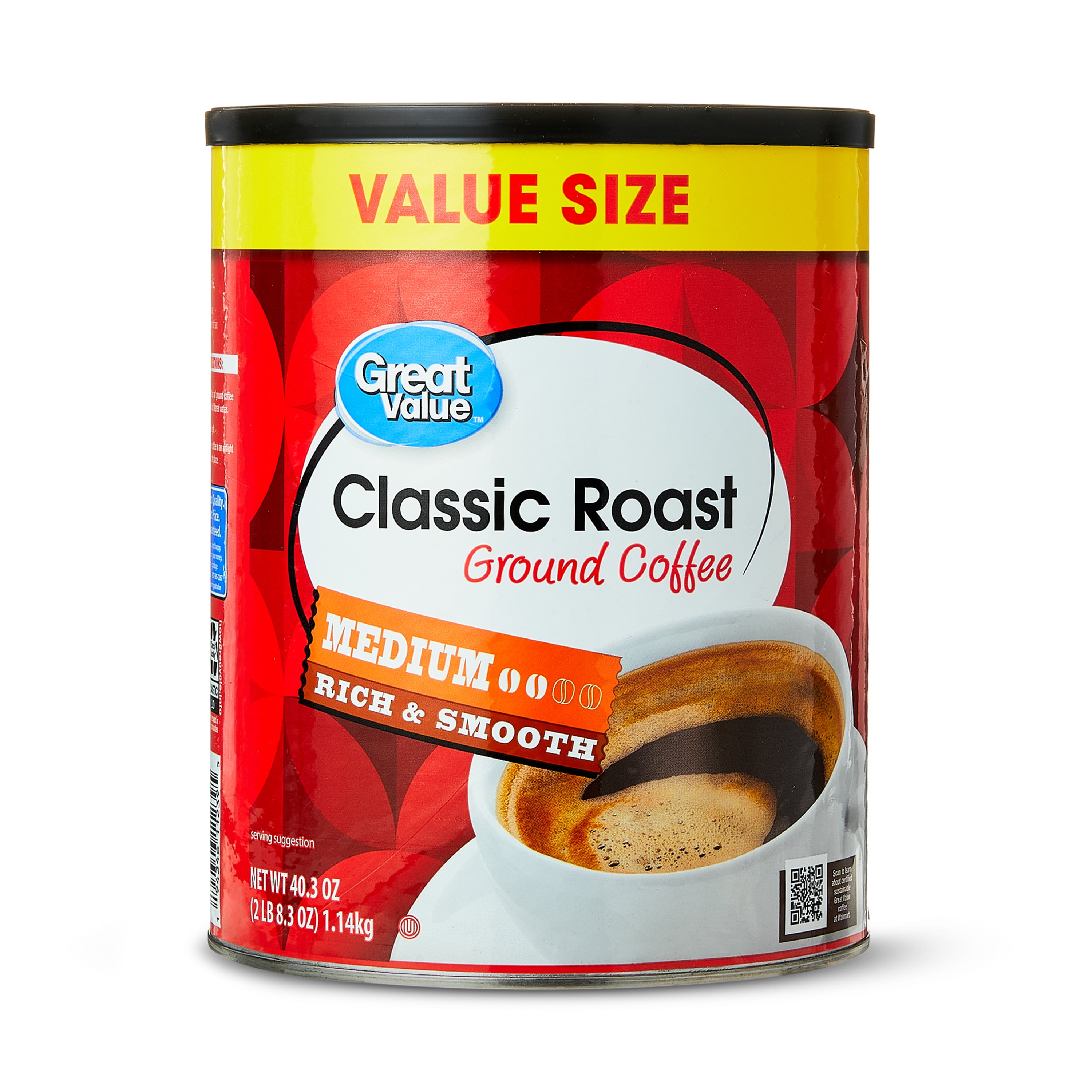 Great Value Classic Medium Roast Ground Naturally Caffeinated Coffee, 40.3 oz Cannister