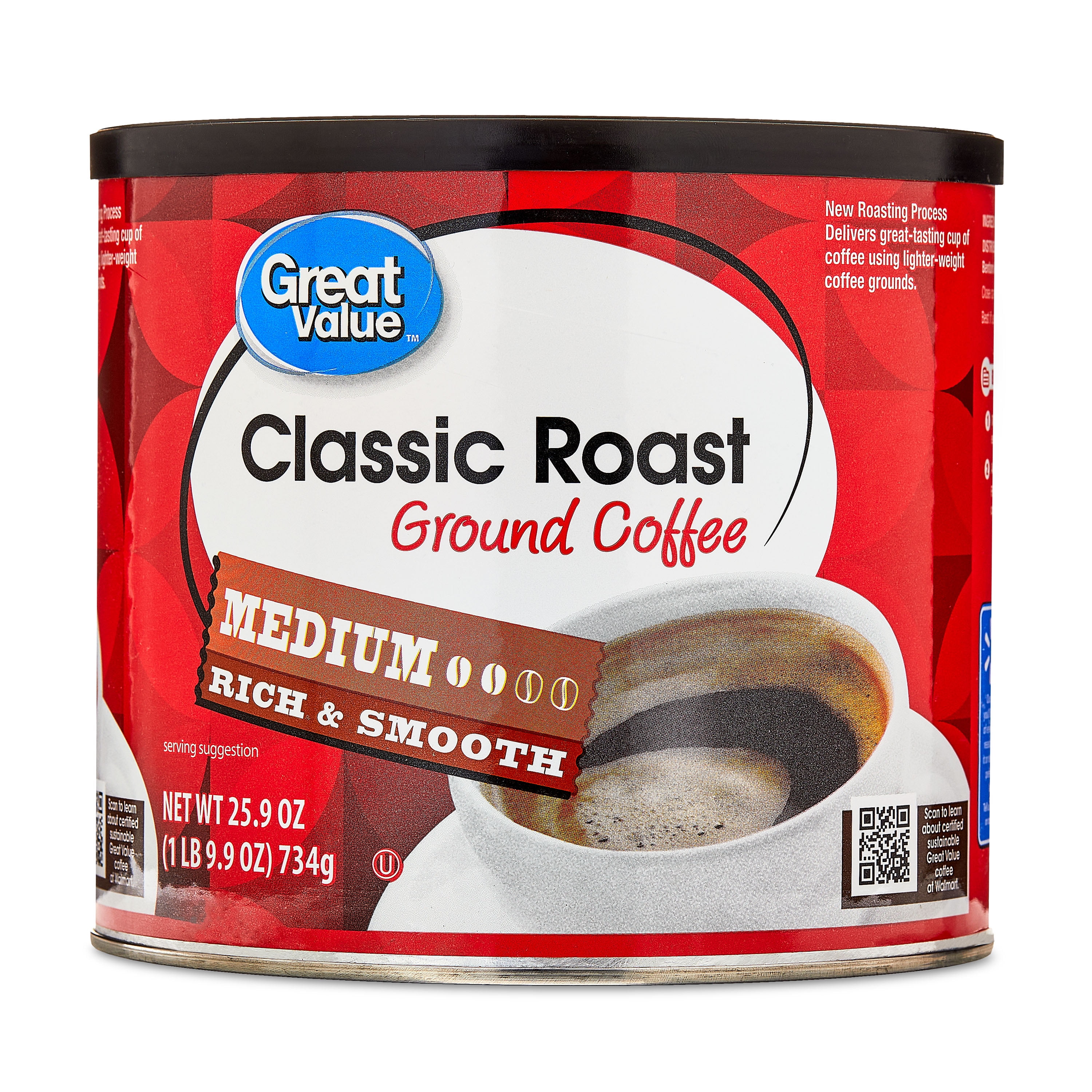 Great Value Classic Roast Ground Naturally Caffeinated Coffee, 25.9 oz Canister