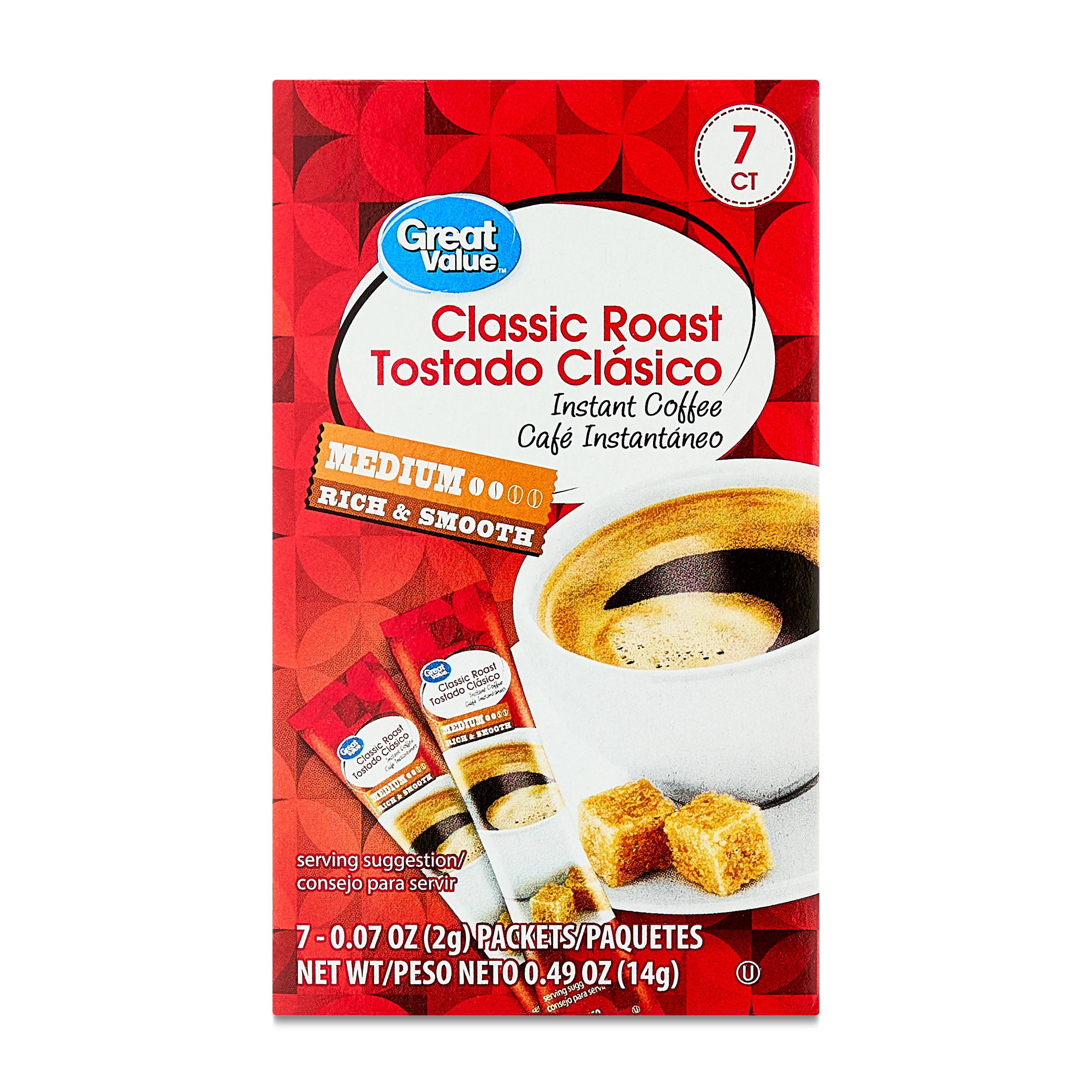 Great Value Classic Roast Instant Coffee, Medium, 0.49 oz, 7 Count