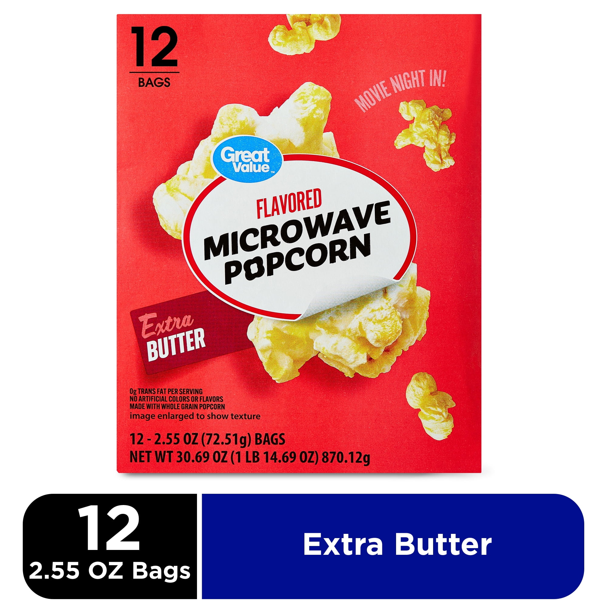 Great Value Extra Butter Flavored Microwave Popcorn, 2.55 oz, 12 Count