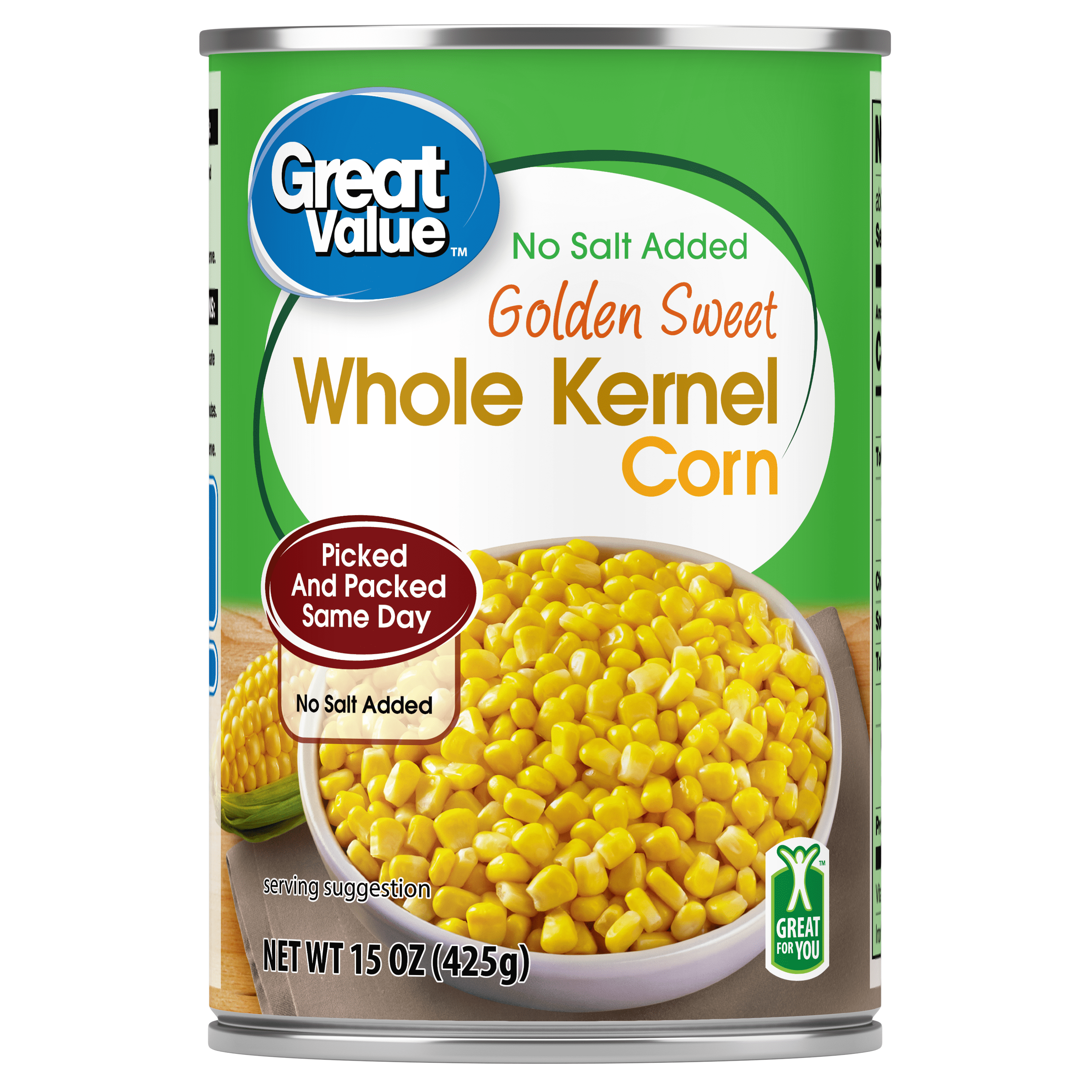 Great Value No Salt Added Golden Sweet Whole Kernel Corn, 15.25 oz