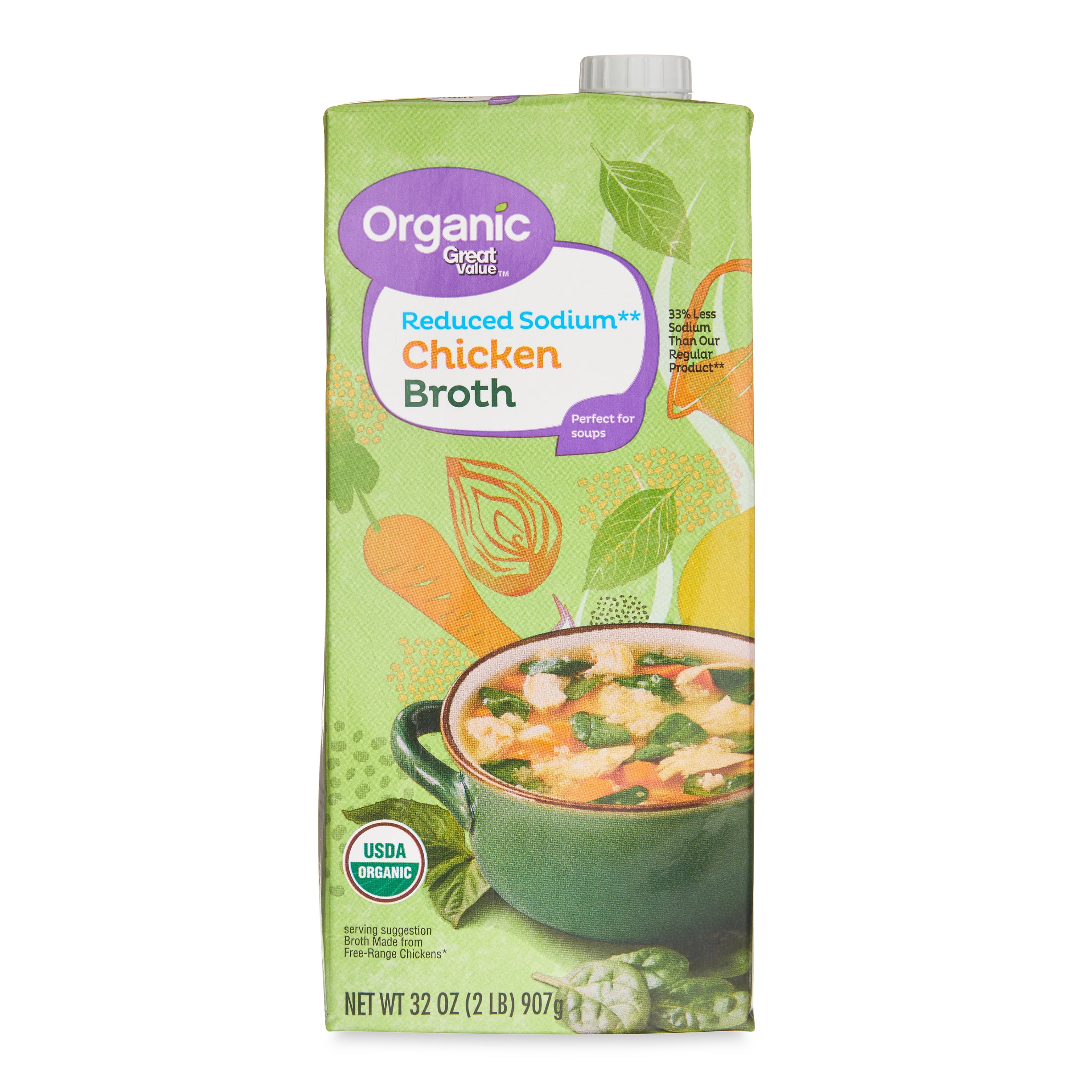 Great Value Organic Reduced Sodium Chicken Broth, 32 oz Carton, Shelf-Stable/Ambient, Gluten-Free