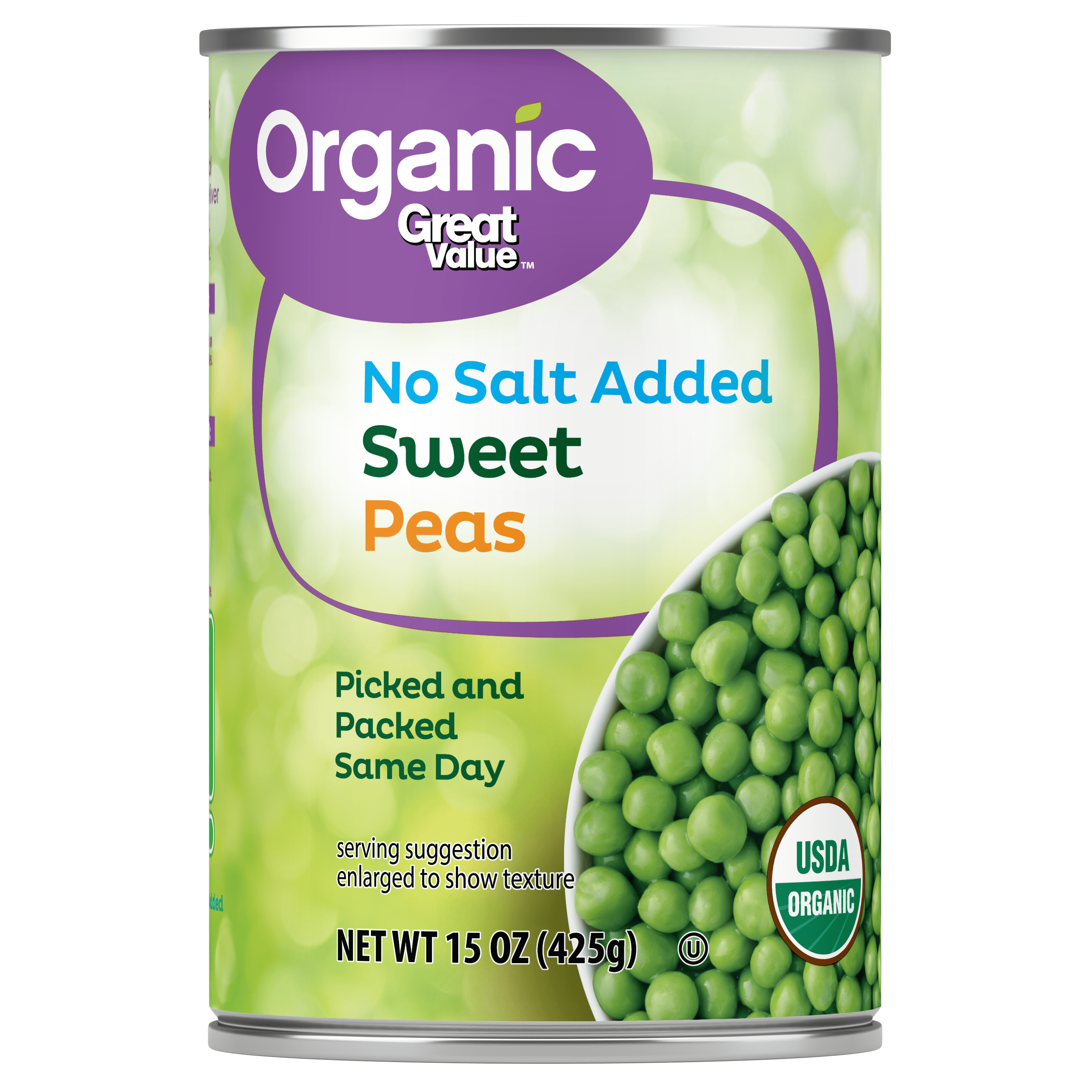 Great Value Organic Sweet Peas No Salt Added, 15 oz
