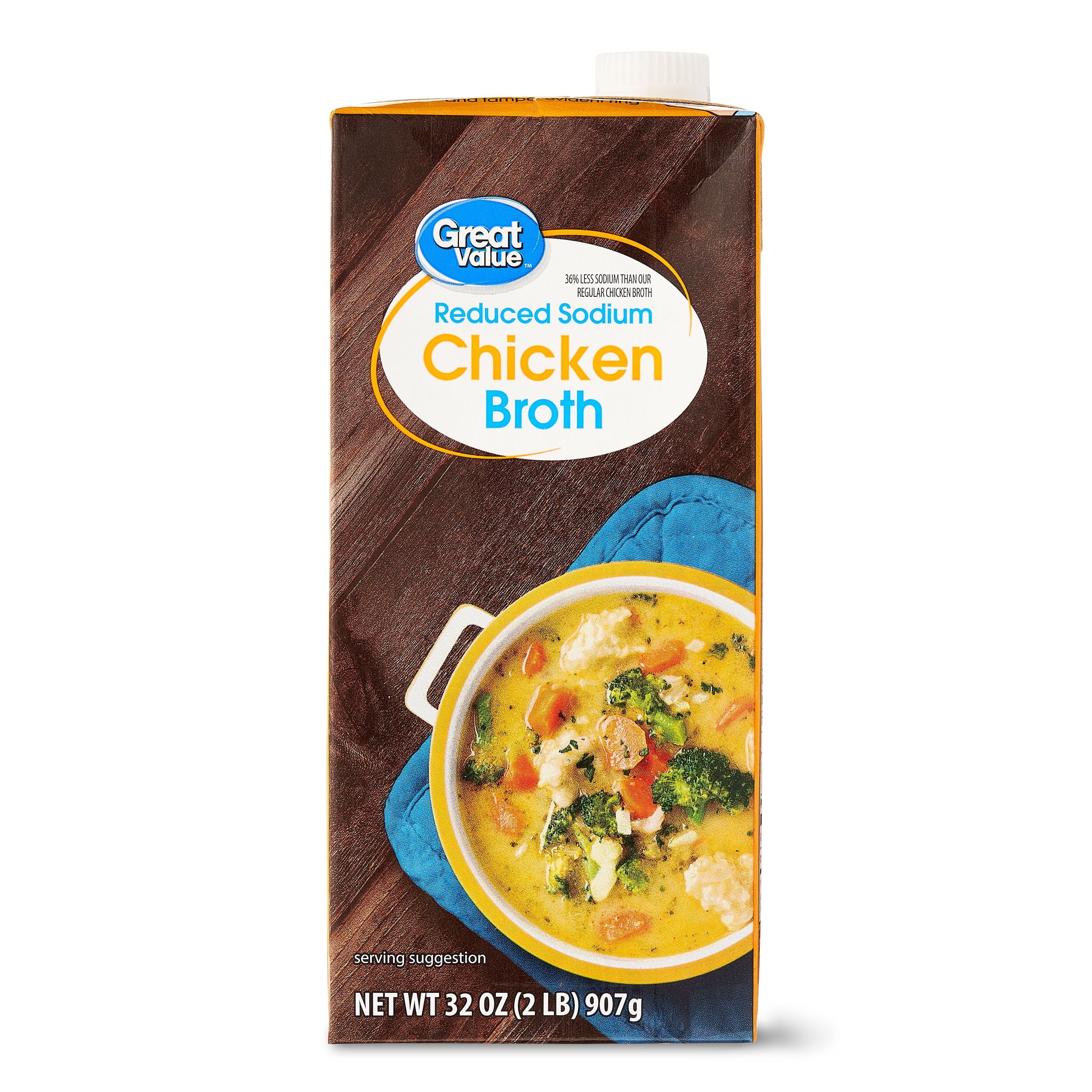 Great Value Reduced Sodium Chicken Broth, 32 oz Carton, Shelf-Stable/Ambient, Gluten-Free
