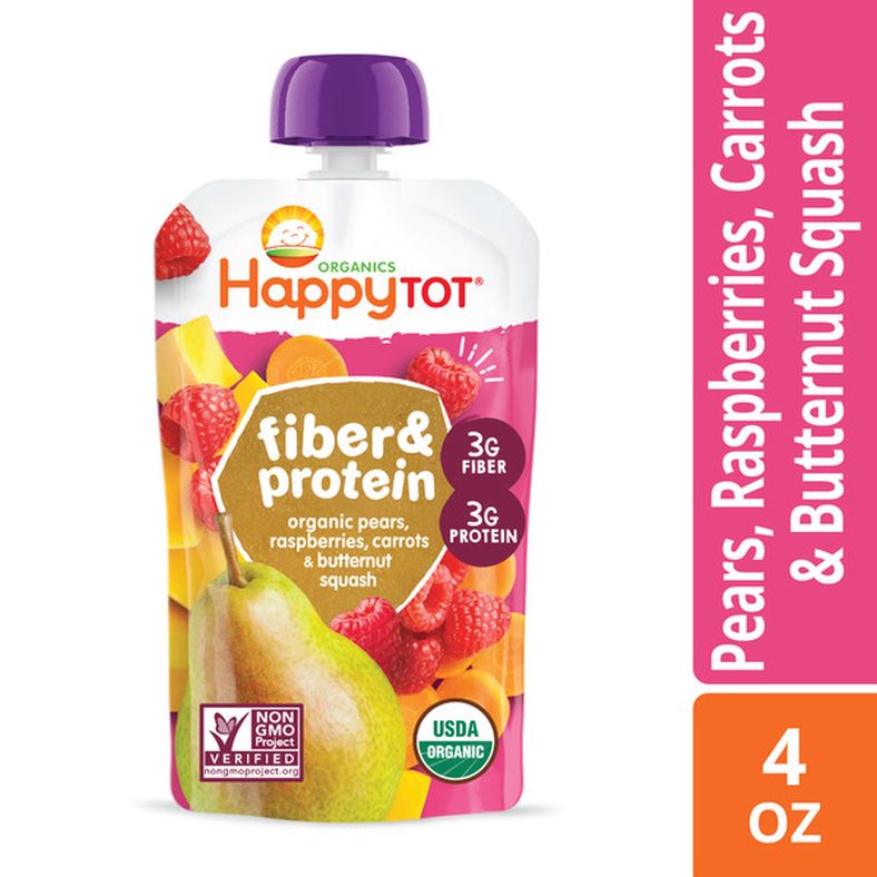 Happy Tot Happt Tot Organics Stage 4 Baby Food Pouches, Gluten Free, Vegan Snack, Fiber & Protein Fruit & Veggie Puree, Pears, Raspberries, Butternut Squash & Carrots, 4 Ounce