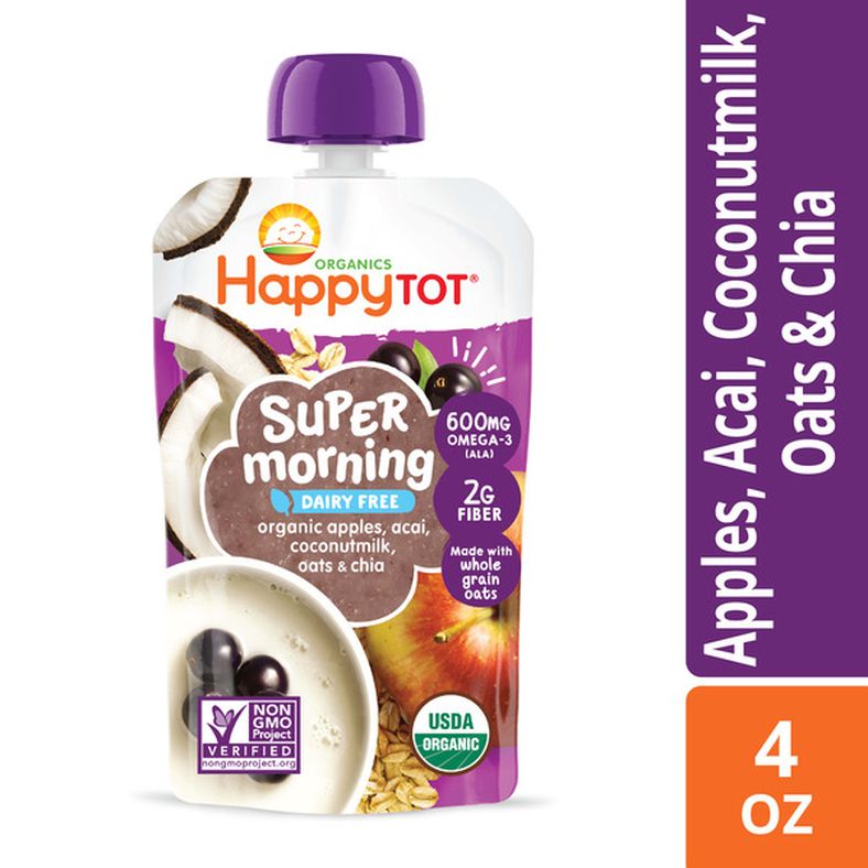 Happy Tot Stage 4 Baby Food Pouches, Gluten Free, Vegan & Dairy Free Snack, Super Morning Fruit & Oat Blend, Apple, Acai, Coconutmilk, Oats & Chia, 4 Oz (Pack of 8)