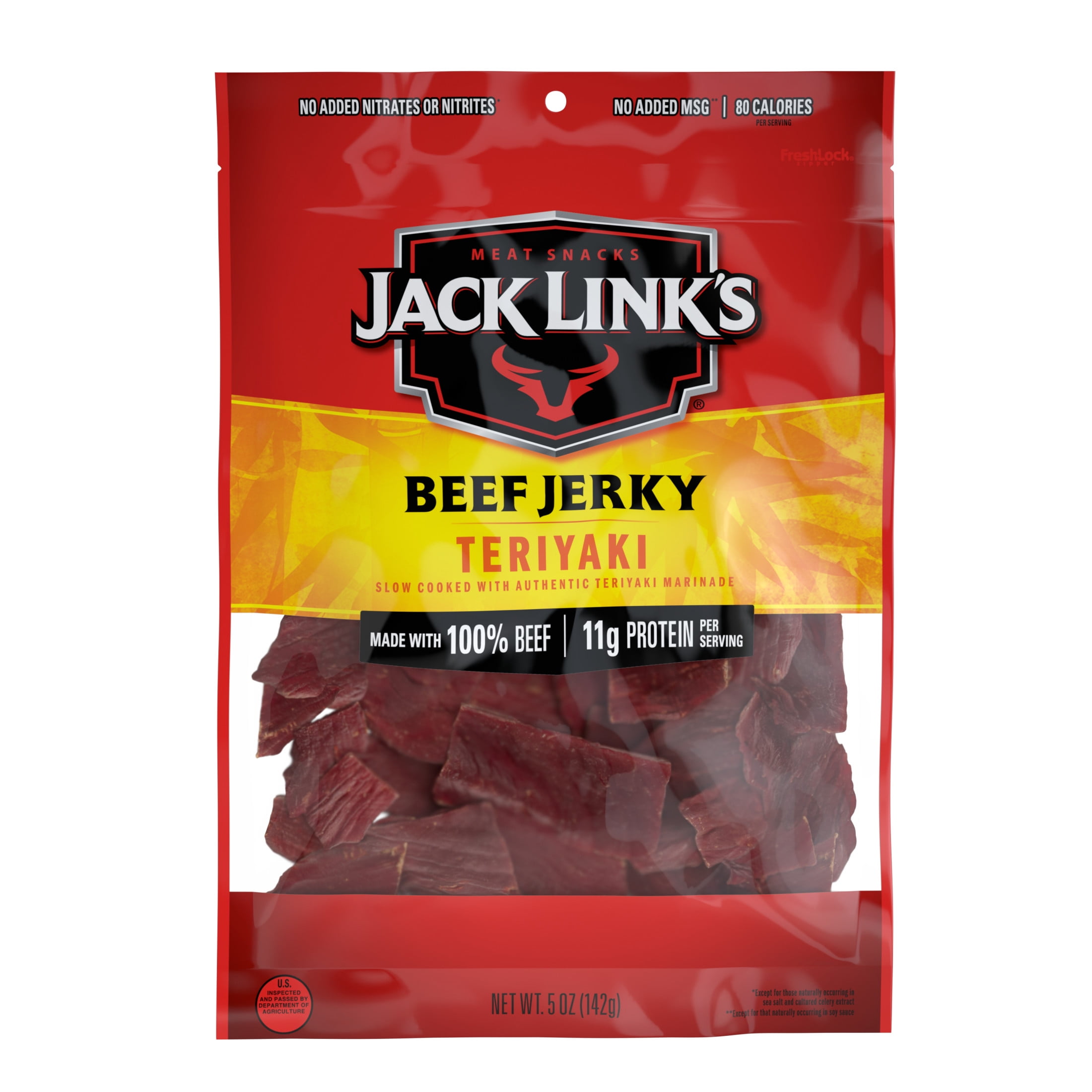 Jack Links Beef Jerky, Teriyaki, Made with 100% Beef, 11g of Protein per Serving, 5 Ounce, Resealable Bag