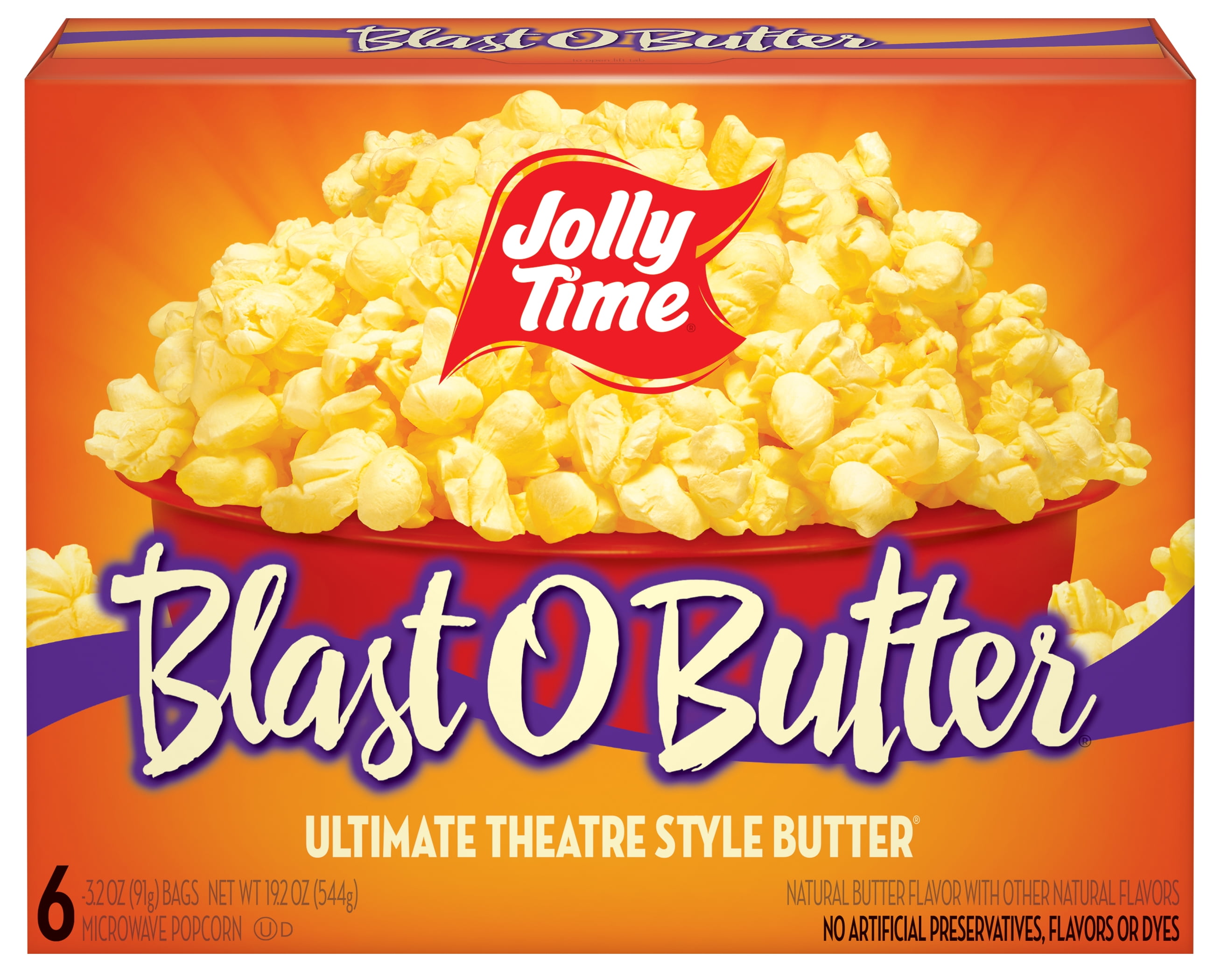 Jolly Time Blast O Butter Ultimate Theatre Style Microwave Popcorn, 3.2 oz, 6 pack.