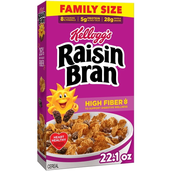 Kellogg’s Raisin Bran Breakfast Cereal, High Fiber, 28g Whole Grain, Family Size, 22.1 oz