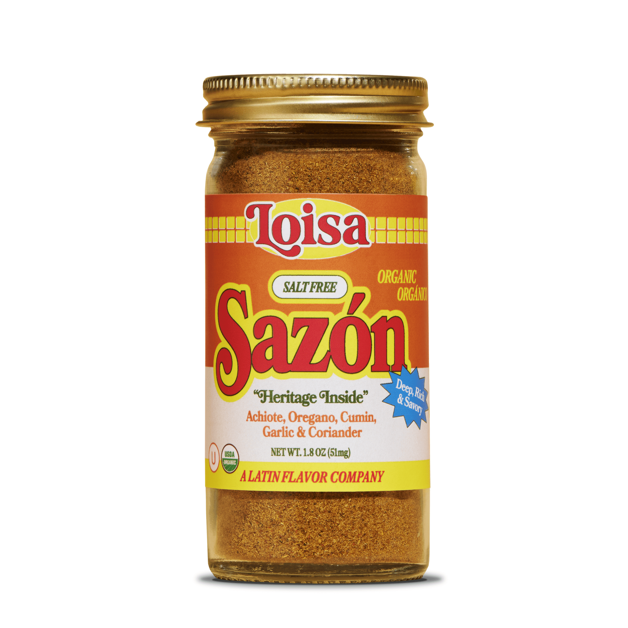 Loisa SALT-FREE Sazn Seasoning, USDA Organic, Non-GMO, No-MSG, No Preservatives, No Artificial Coloring, No Artificial Flavors, Pure Latin Flavor, 1.8 oz, Pack of 1