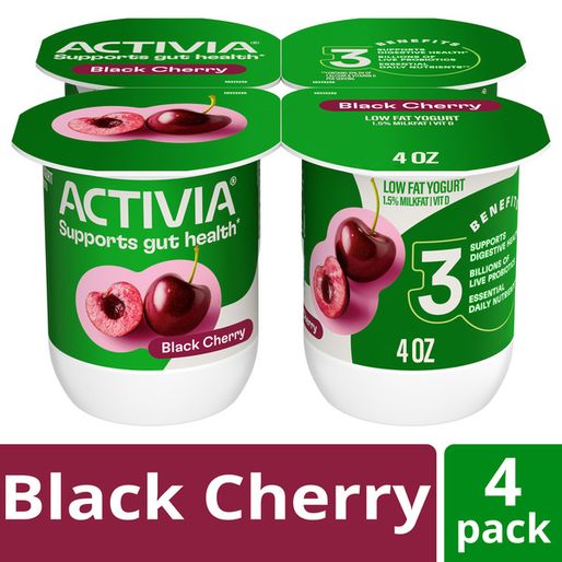 Activia Black Cherry Probiotic Yogurt, Delicious Low Fat Yogurt Cups to Help Support Gut Health, 4 oz, 4 Count (4 oz)
