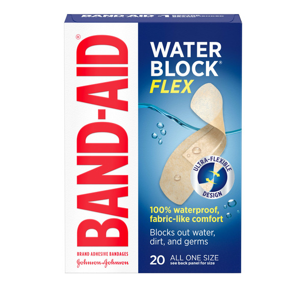 BAND-AID Water Block Flex 100% Waterproof Adhesive Bandages for First-Aid Wound Care of Minor Cuts, Scrapes & Wounds, Ultra-Flexible Design, Sterile, All One Size, 20 ct