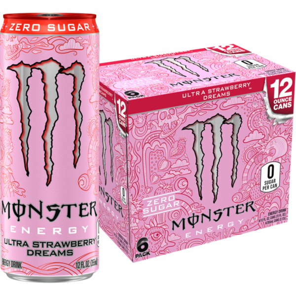 Monster Energy Ultra Strawberry Dreams Sugar Free Energy Drink, 6 Pack - 12 fl oz (1 94 oz)