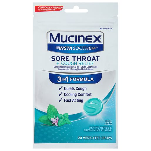 Mucinex Sore Throat + Cough Relief, Alpine Herbs &amp; Fresh Mint Flavor, 3 in 1 Formula (20 ct)